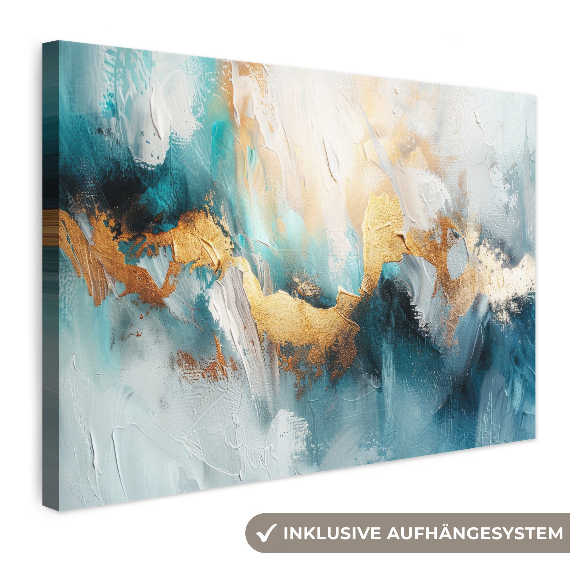 OneMillionCanvasses® Leinwandbild Abstrakt - Kunst - Gold - Blau, Fotodruck (1 St), Leinwand Bilder Klein, Wand Dekoration Aesthetic 30x20 cm