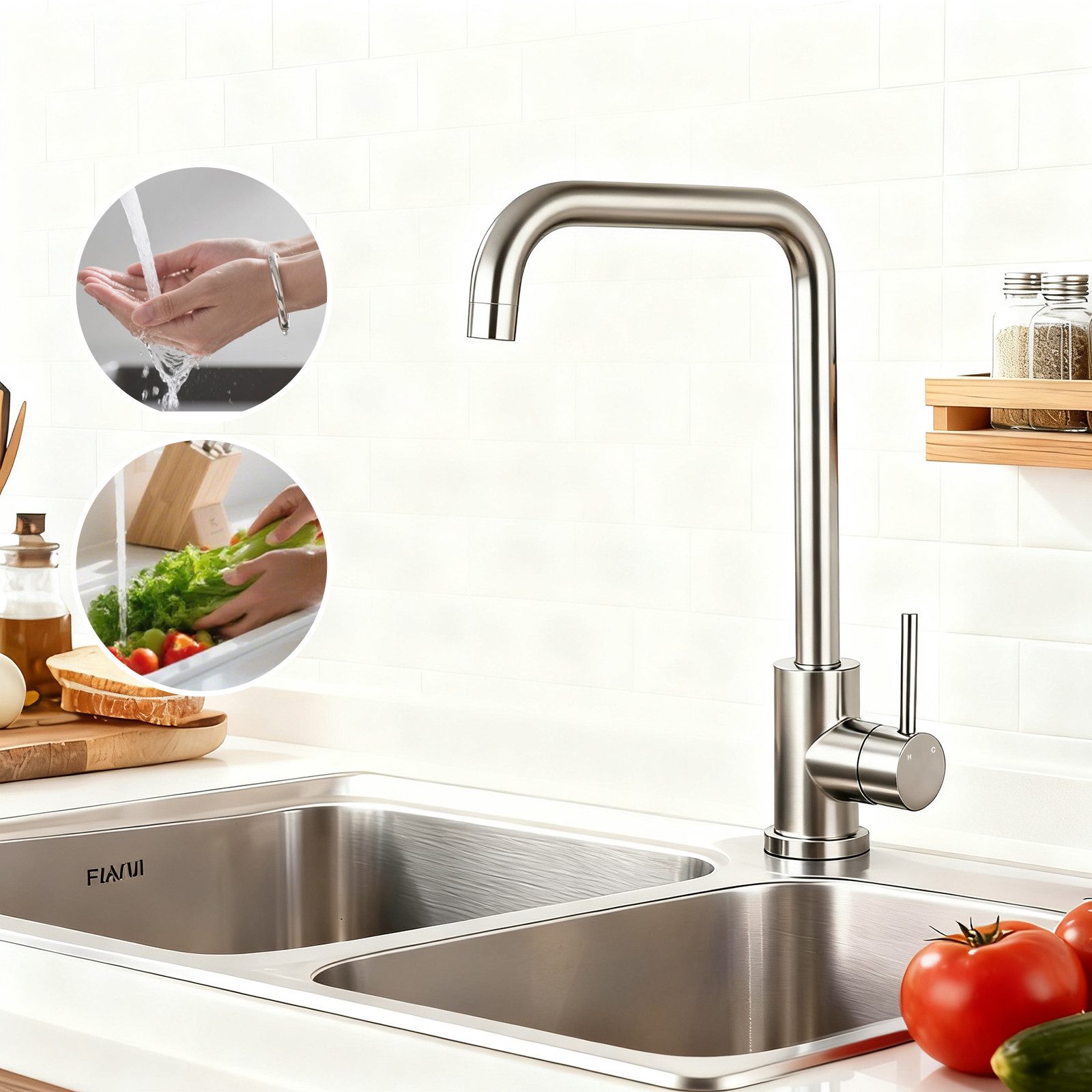 AICA Küchenarmatur Wasserhahn Küche mit 360° Drehfunktion und Einhebel-Armatur Hochdruck Mischbatterie aus 304 Edelstahl für Warm-/Kaltwasser