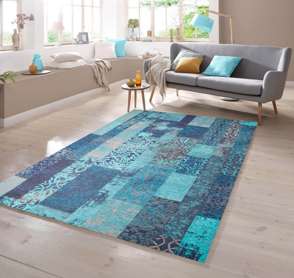 Teppich Moderner Teppich mit Karo Muster in Türkis Blau, TeppichHome24,  rechteckig