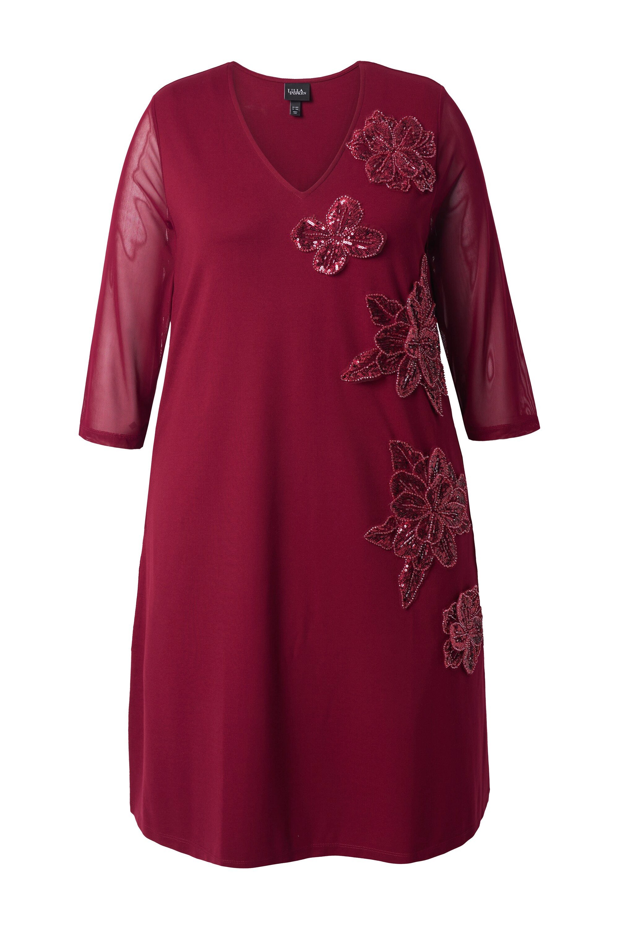 Ulla Popken Cocktailkleid Punto-Kleid Pailletten-Blüten V-Ausschnitt günstig online kaufen