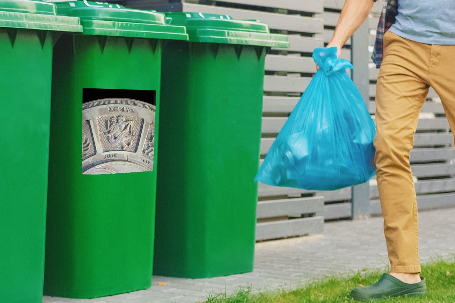 Mülleimer-aufkleber, MuchoWow Mülltonne, Sticker, Sternbild Abfalbehälter einer Container, Zwillinge (1 Das auf St), Sonnenuhr Wandsticker