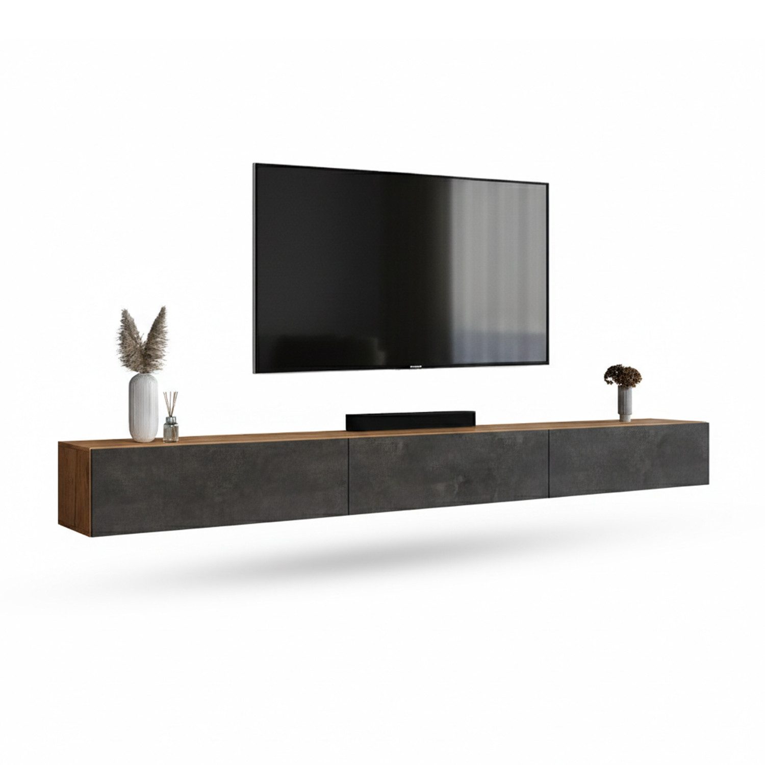 Planetmöbel TV-Schrank West TV-Board, Fernsehtisch 300 cm lang, TV-Lowboard (für Fernseher bis 85 Zoll, TV Schrank viel Stauraum, sideboard hängend, Fernsehschrank 3x 100 x 30 x 37,5 cm) gold eiche - schwarz charcoal