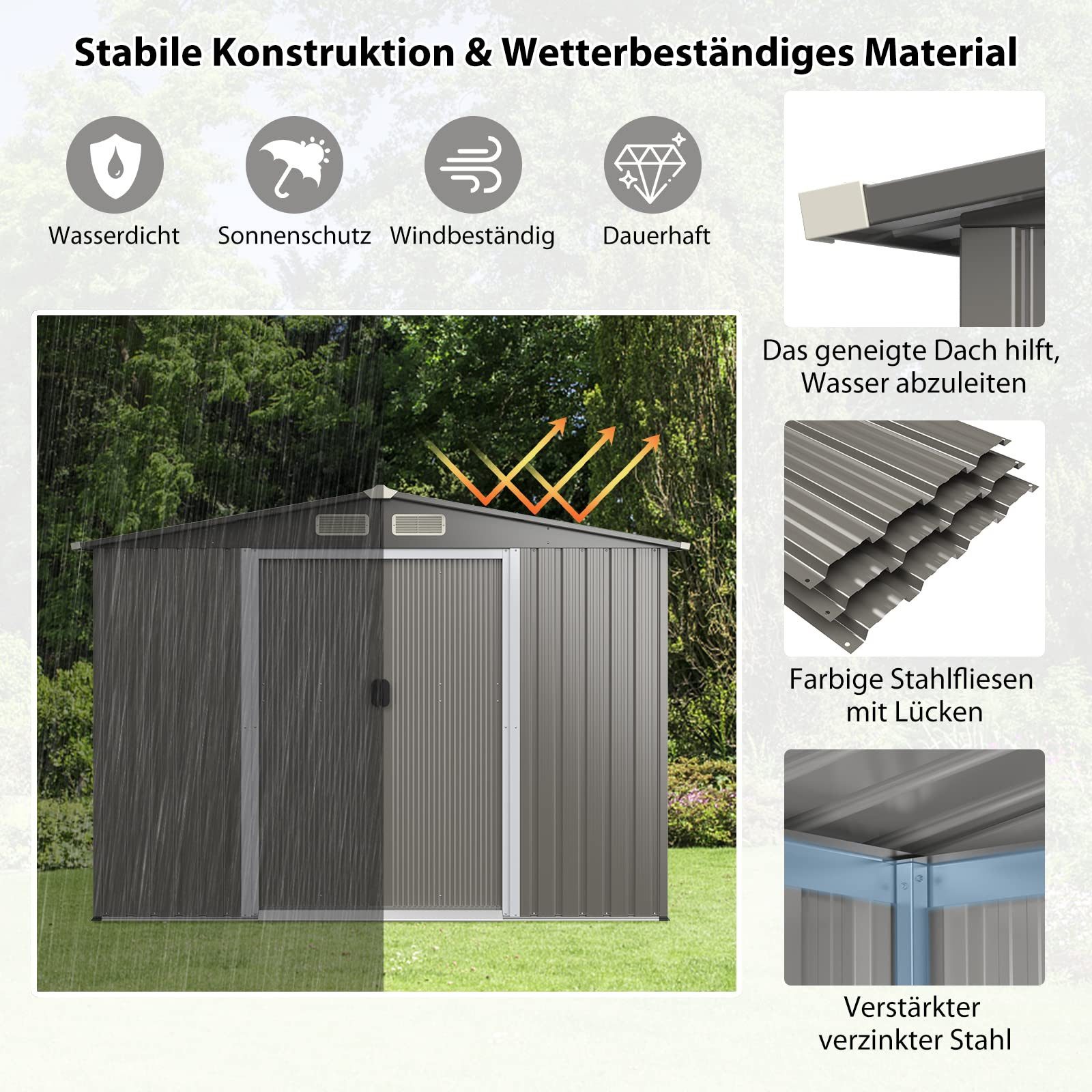 COSTWAY Gerätehaus, abschließbar, mit Fundament & Doppeltüren, 260x207x180cm