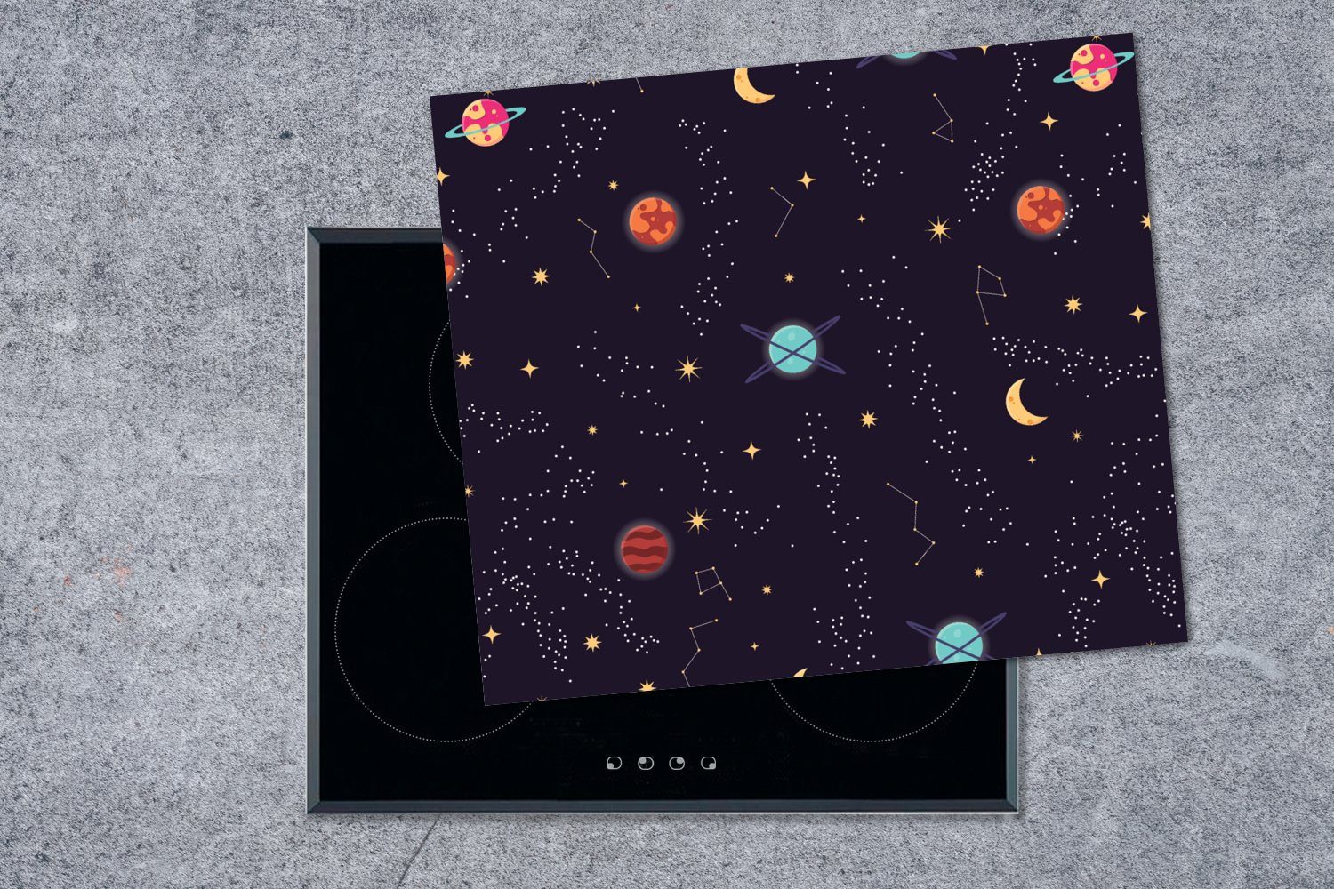 - MuchoWow - nutzbar, Mobile Sterne Muster, Planeten tlg), Herdblende-/Abdeckplatte Vinyl, (1 60x52 Arbeitsfläche Ceranfeldabdeckung cm,