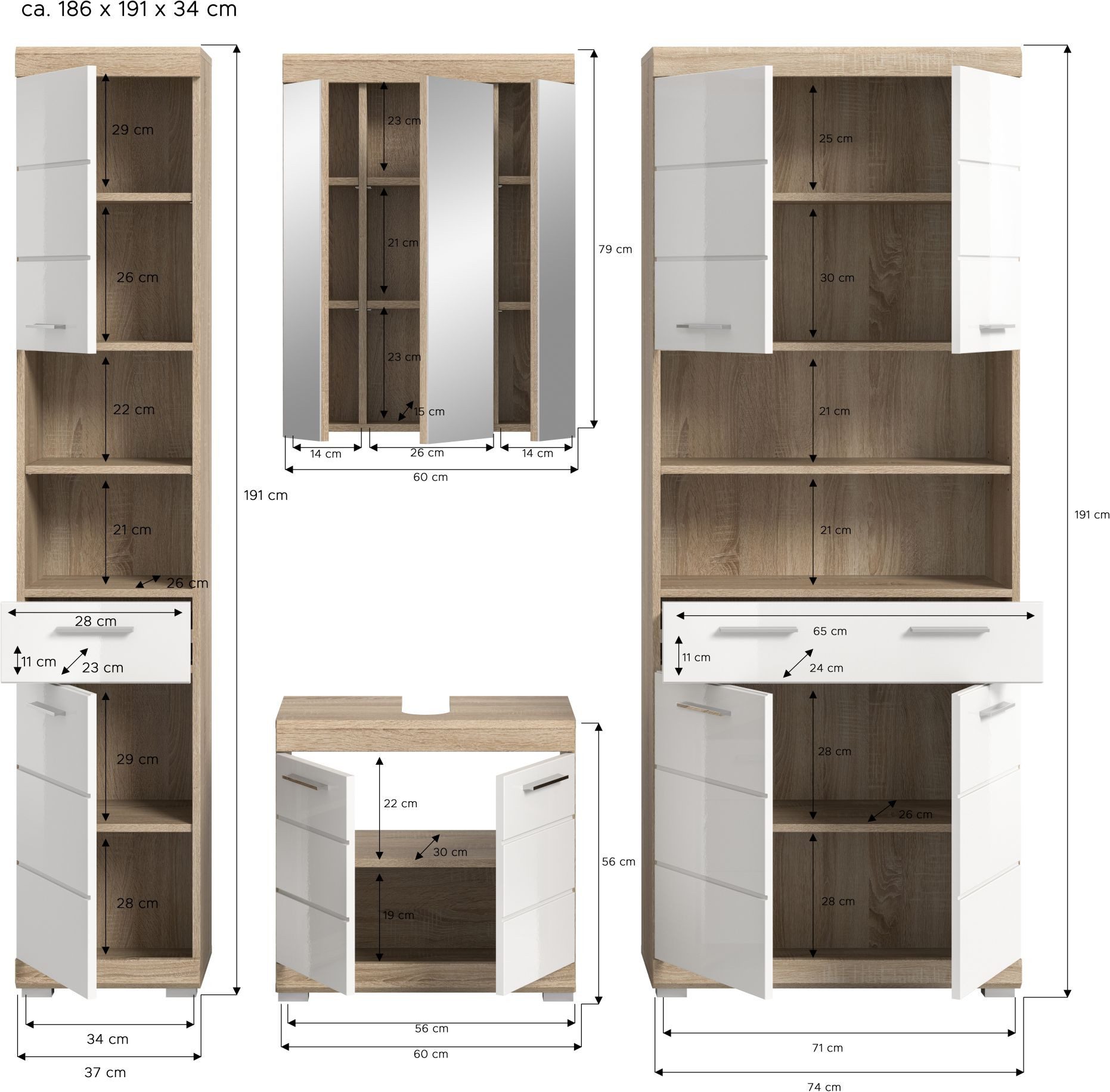 xonox.home Badmöbel-Set, (4tlg. Set inkl. Hochschrank, WBU, Spiegelschrank, Bad Midischrank), Sonoma Eiche Hell Weiß Hochglanz Melamin Modern 186x191x34 cm