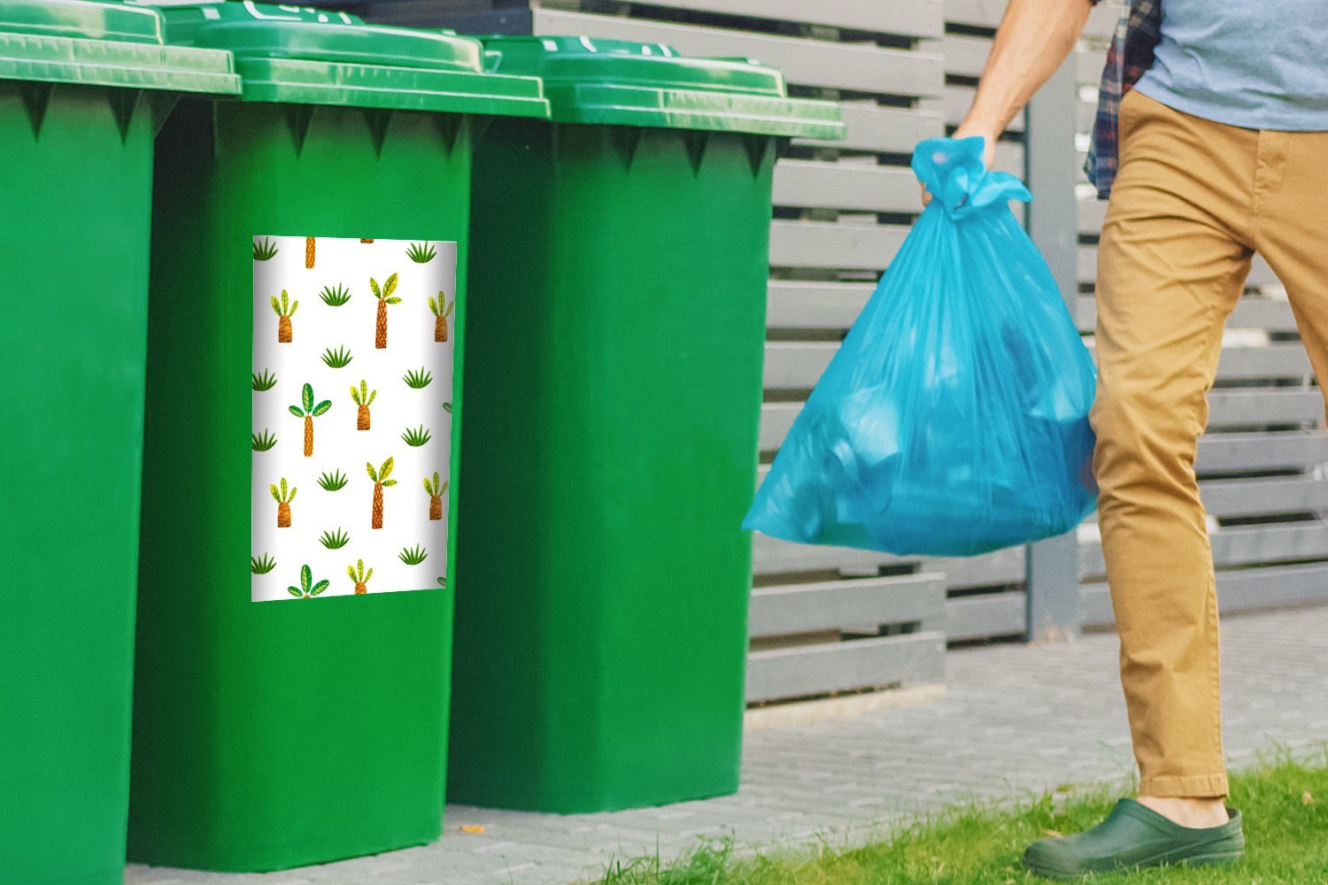 Mülleimer-aufkleber, Container, (1 Abfalbehälter MuchoWow Gras Sticker, Mülltonne, - St), Palme - Wandsticker Dschungel