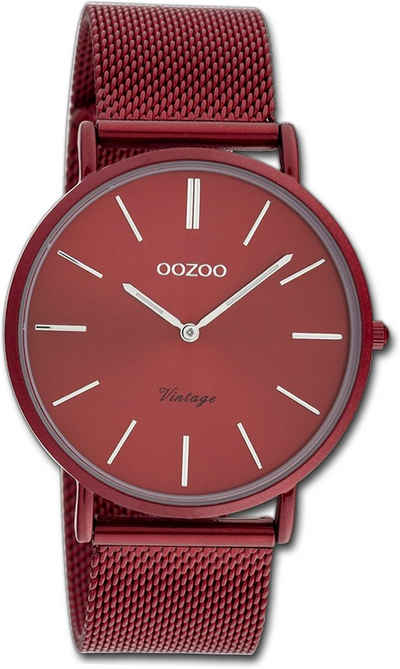 OOZOO Quarzuhr Oozoo Damen Armbanduhr Ultra Slim, Damenuhr Edelstahlarmband rot burgund, rundes Gehäuse, mittel ca 40mm