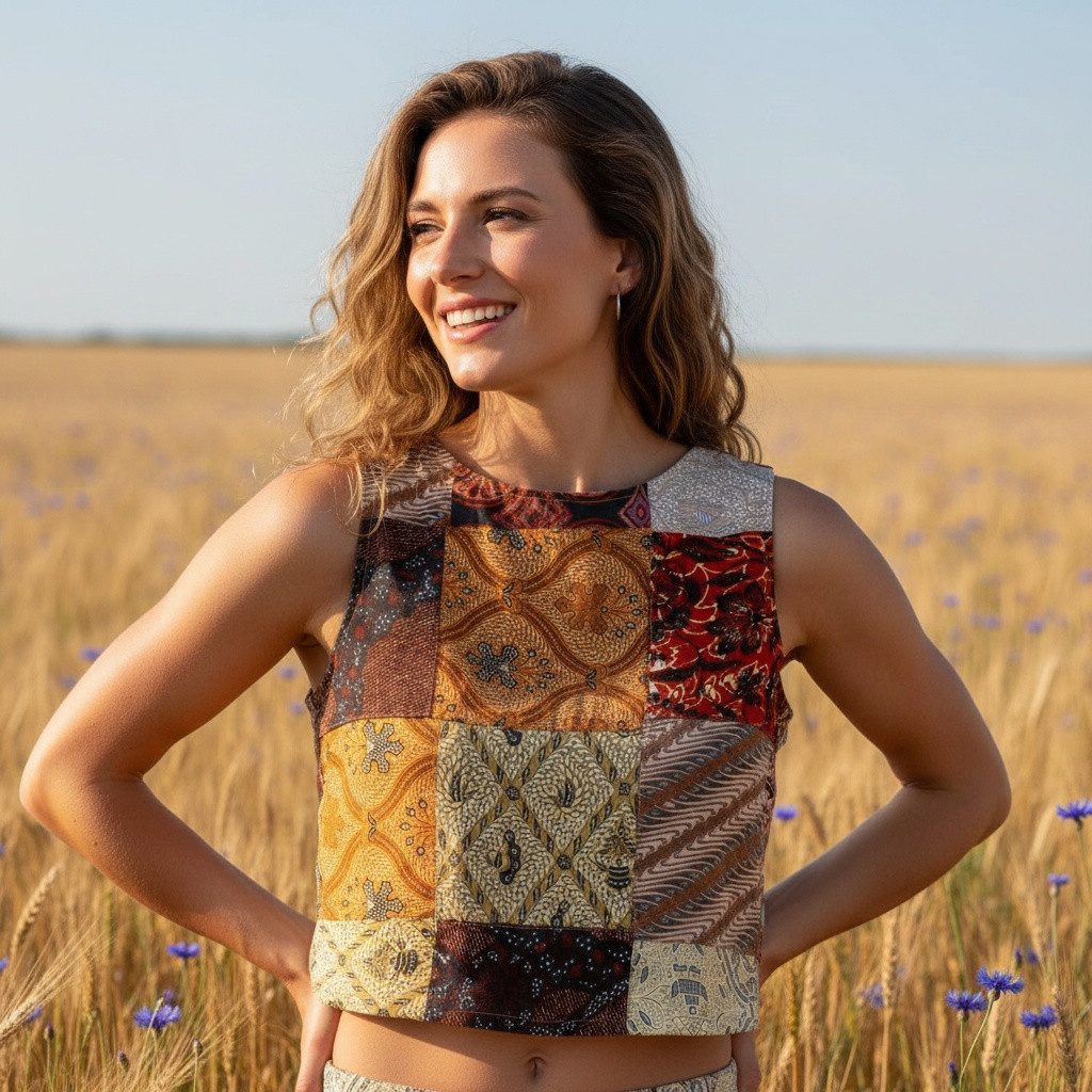 Guru-Shop T-Shirt Boho Patchwork Sommertop, Damentop, ärmellose.. Ethno Style, alternative Bekleidung