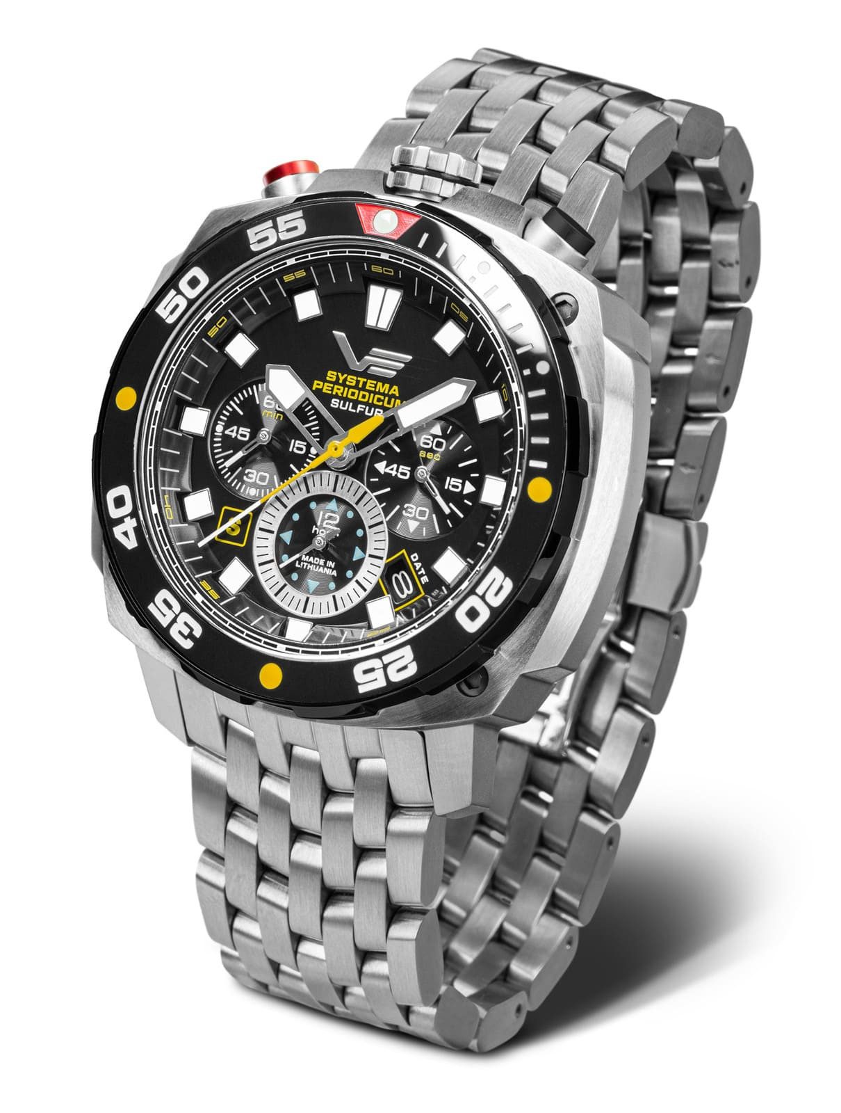 Vostok Europe Chronograph Systema Periodicum Sulfur Chronograph – Herrenuhr 45,5 mm, Gelb-Schwarz, 20 ATM, Quarz