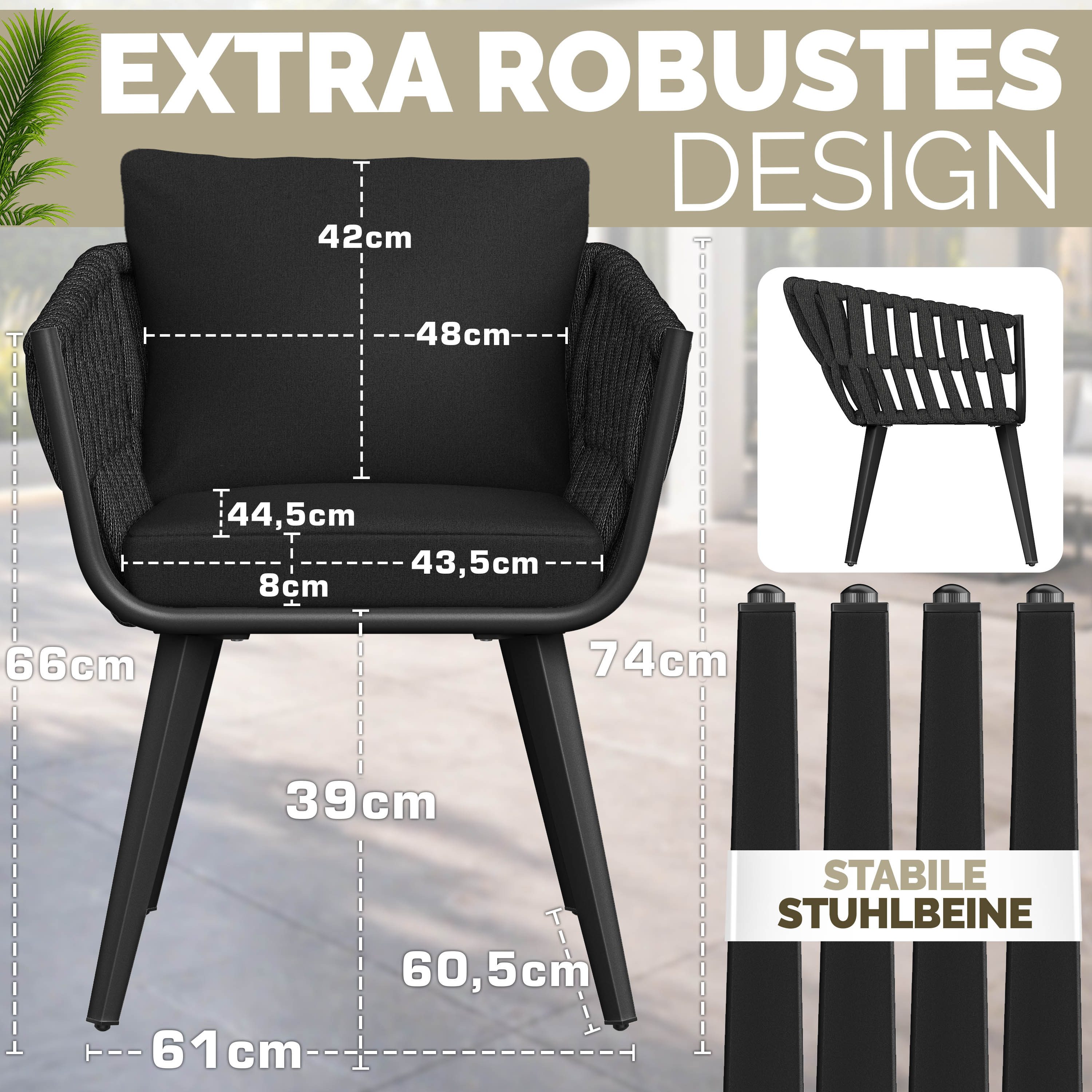 tillvex Gartentisch tillvex® Gartenstuhl Set Wetterfest mit Armlehne Rope Design (Gartenstühle UV-beständig Terrassenstuhl Rope Sessel Gartenmöbel, 1-St., Design Terrasse Balkon Outdoor Garten), belastbar