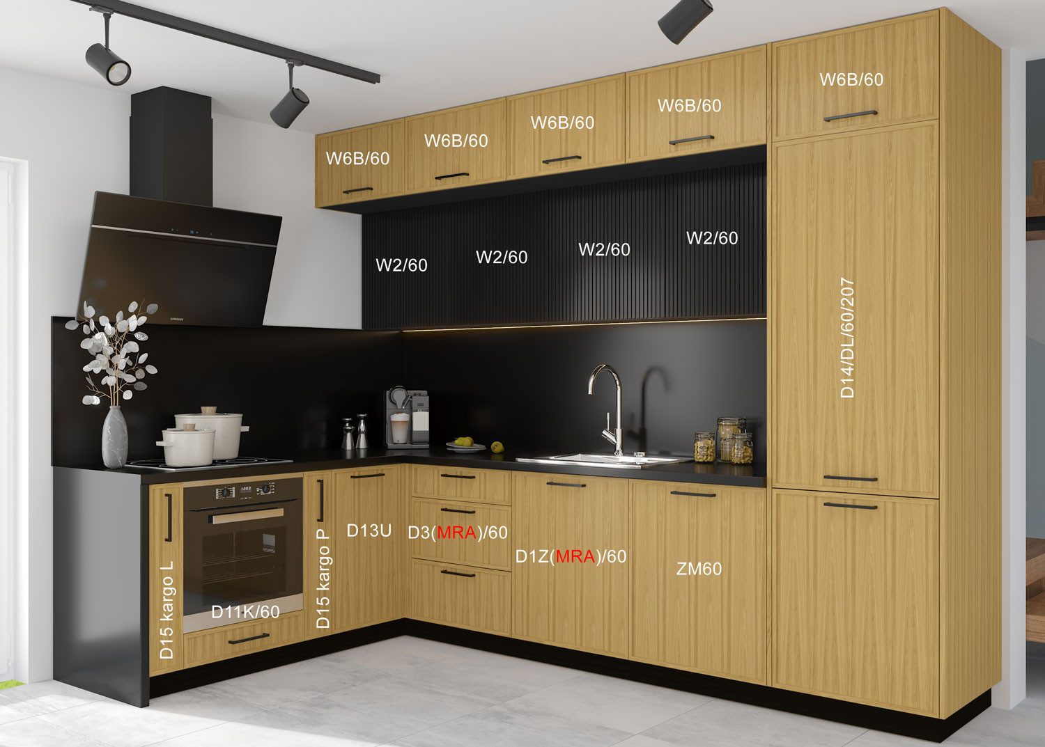 Feldmann-Wohnen Winkelküche Narvik, (Hängeschränke mit Lamellenfronten), 306x199cm schwarz Naturholz, HETTICH Vollauszug, mit Arbeitsplatte