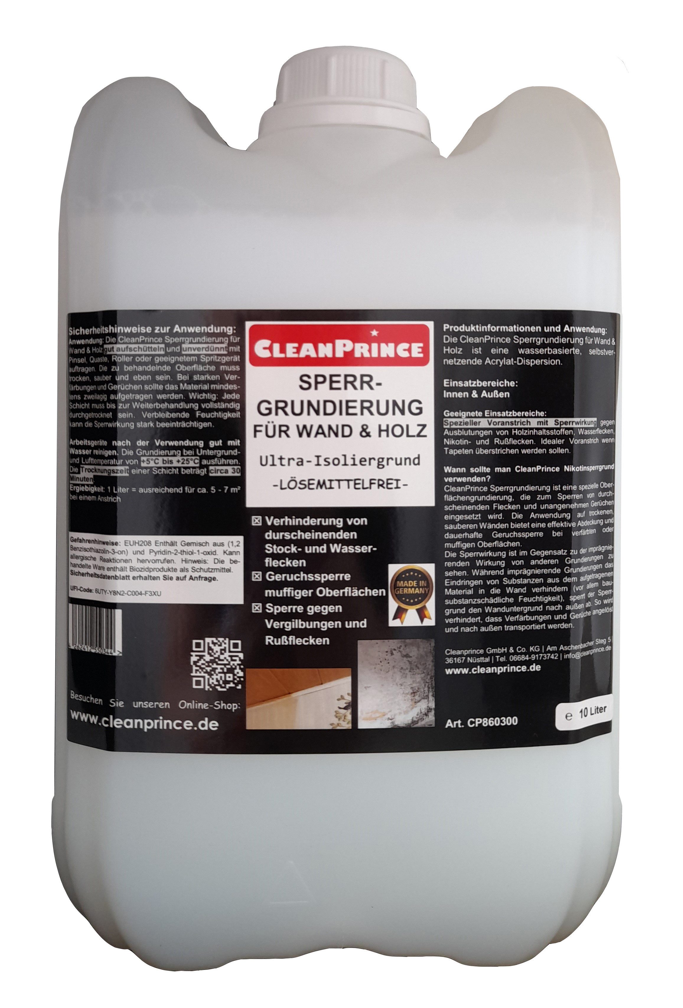 CleanPrince Isoliergrundierung Sperrgrundierung für Wand & Holz CP860300 Ultra-Isoliergrund, Oberflächengrundierung zum Sperren von Flecken und Gerüchen