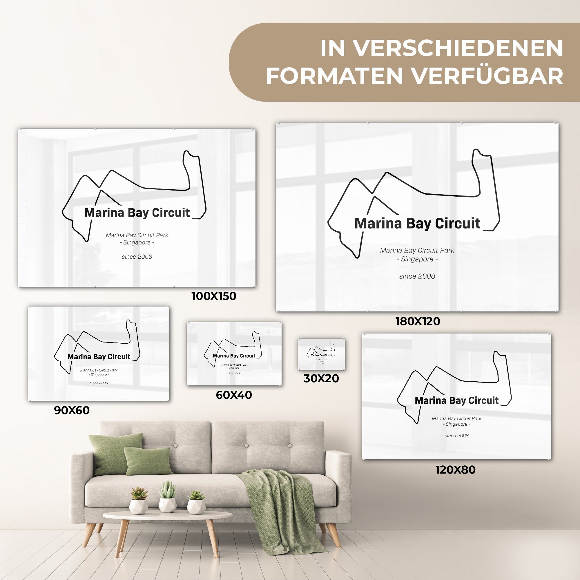 Glas - - St), Singapur Glasbilder Bilder Wandbild Foto (1 Acrylglasbild auf auf - - Wanddekoration Glas Formel-1-Rennstrecke, MuchoWow