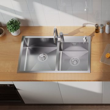Auralum Küchenspüle Edelstahl Doppelspüle Einbauspüle 75x45cm Spülbecken Küchenarmatur, mit 300ml Seifenspender und 360° Ausziehbar Wasserhahn