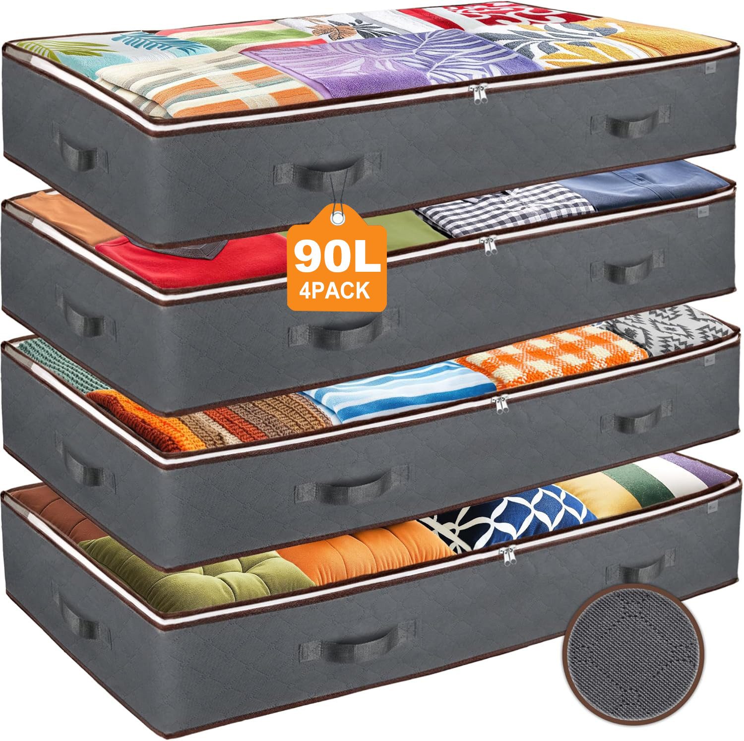 Xruiy Unterbettkommode 90L Unterbett-Aufbewahrungsbox 4er Set (Stapelbare Schrankorganizer mit PVC-Sichtfenster, Falbare Wäschebox, für Bettwäsche & saisonale Kleidung (100x50x18 cm) aus), atmungsaktivem Premium-Vliesstoff