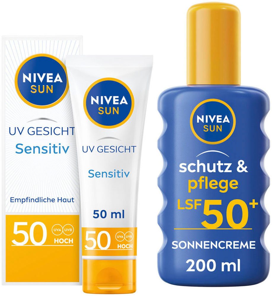 Nivea Sun Sonnenschutzpflege UV GESICHT Sensitiv Sonnenschutz LSF50 & Sonnenspray LSF50+, Set, wasserfest, für Gesicht und Körper, geeignet bei Sonnenallergie