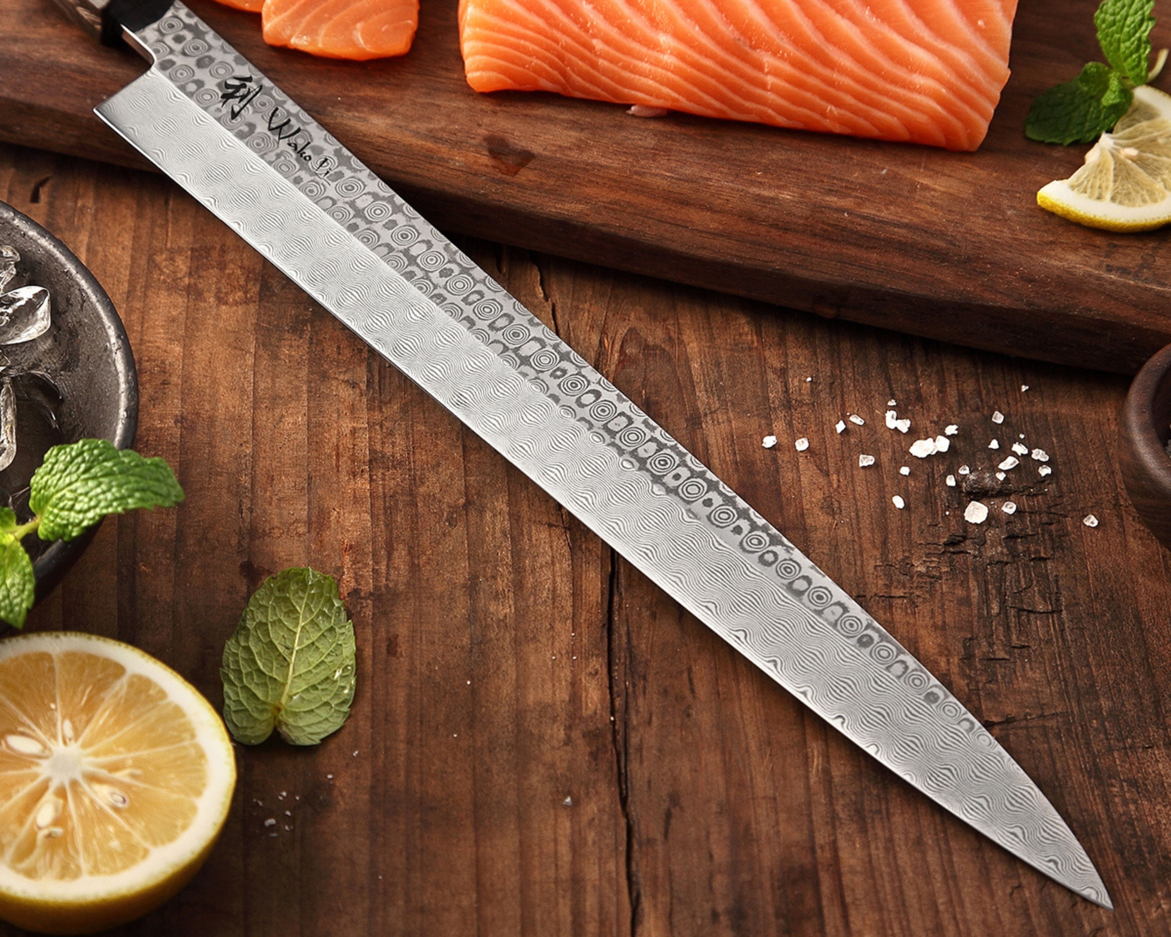 Wakoli Damastmesser Seishin Volldamast Sashimi Küchenesser 28 cm Klinge aus 110 Lagen, 110 Lagen Volldamaststahl