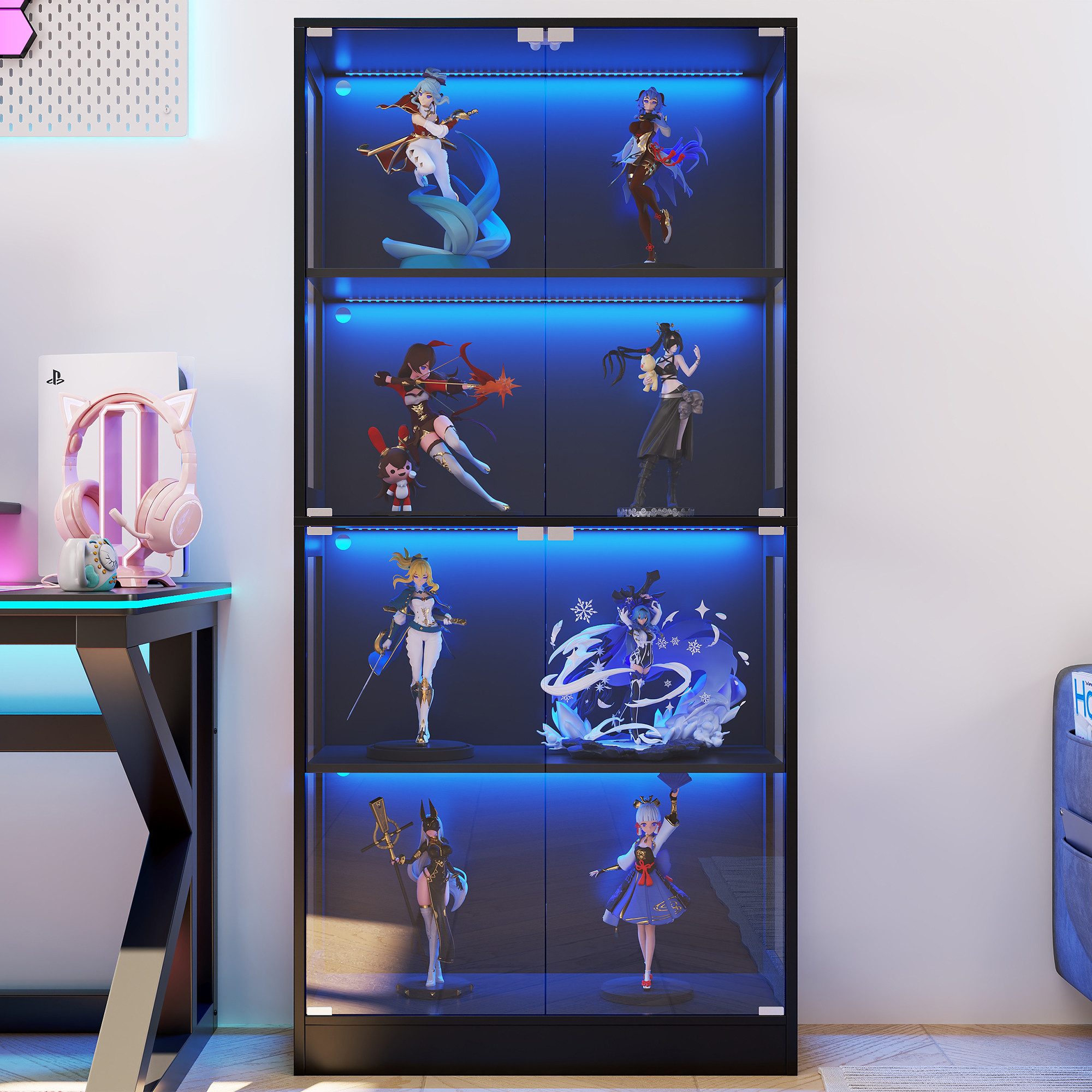 Flieks Glasvitrine Eckvitrine mit LED-Beleuchtung und 4 Glastüren (80x35x170 cm, 1-St) Standvitrine Eckschrank Hochschrank Sammlervitrine mit 4 Ebenen