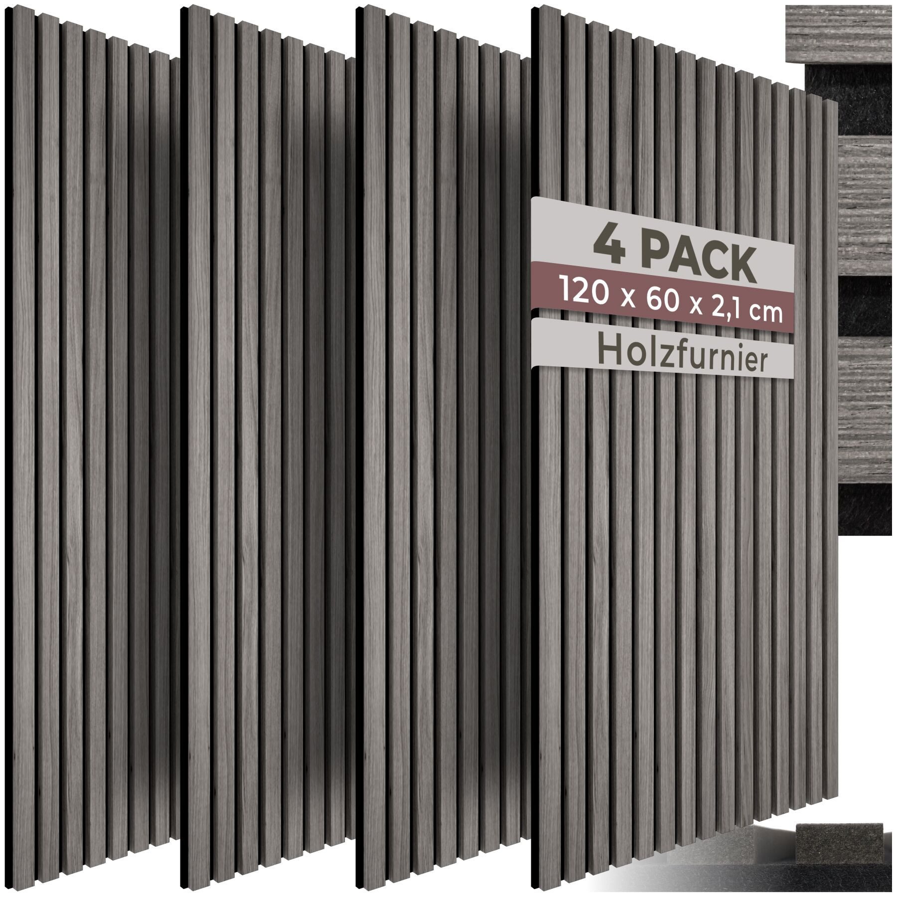 tectake Wandpaneel Akustikpaneele aus MDF und Echtholzfurnier - Eiche hellgrau, BxL: 60x120 cm, 0.72 qm, (Holzpaneele Sonic Wall, 4-tlg., Größe flexibel anpassbar) schallabsorbierender Filz, einfache Montage mit Kleber oder Schrauben