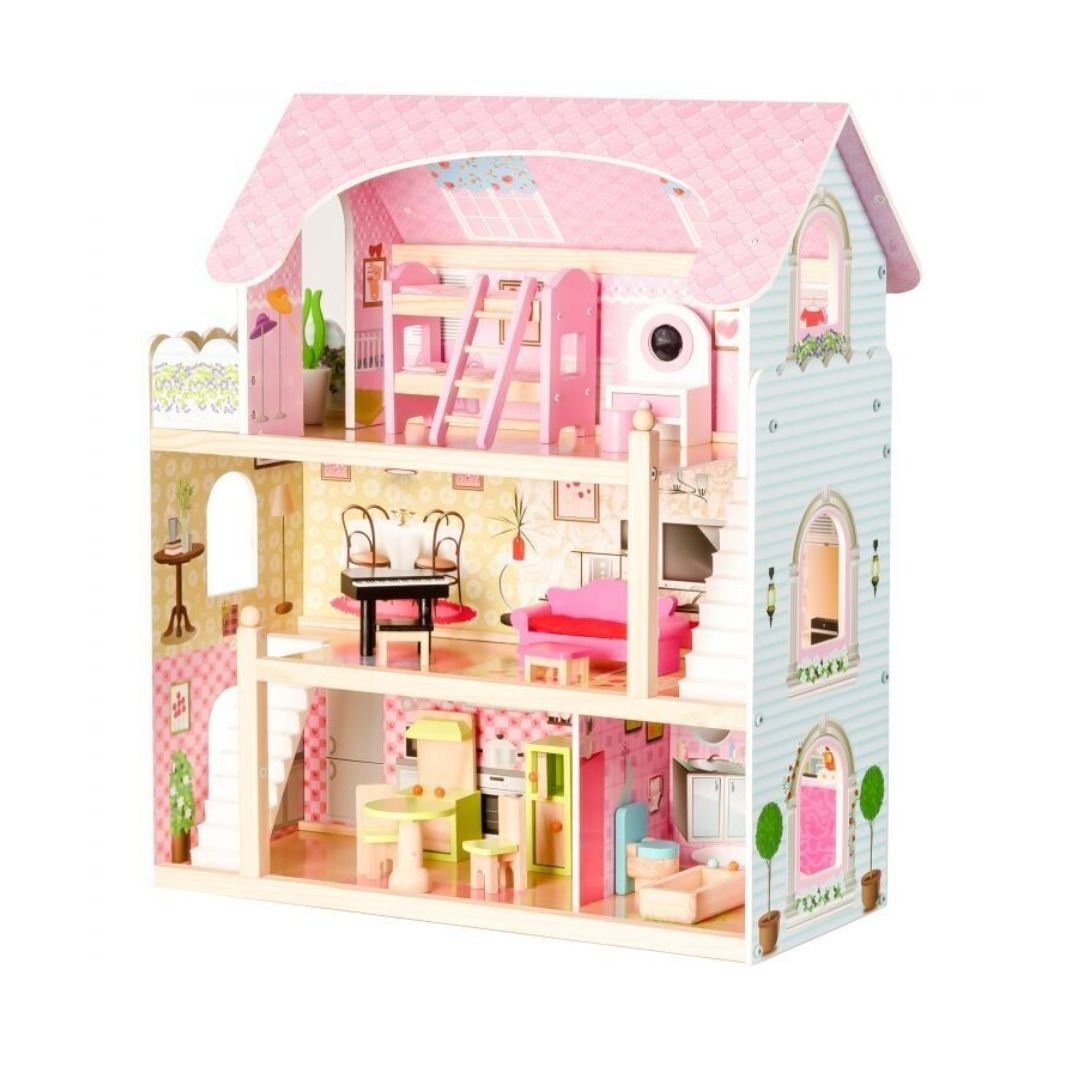 suebidou Puppenhaus Spielhaus für Mädchen Puppenstube mit Möbeln "Rose"