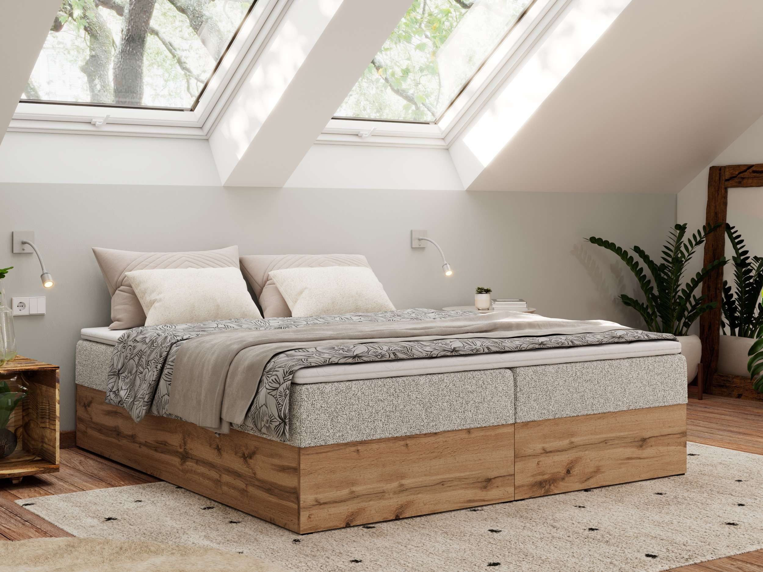 MKS MÖBEL Boxspringbett WOOD ZERO (Set, Bett, Polsterbett mit integrierten Matratzen, 2 Bettkästen, H3/H4), Topper T25 oder Visco optional, ohne Kopfteil