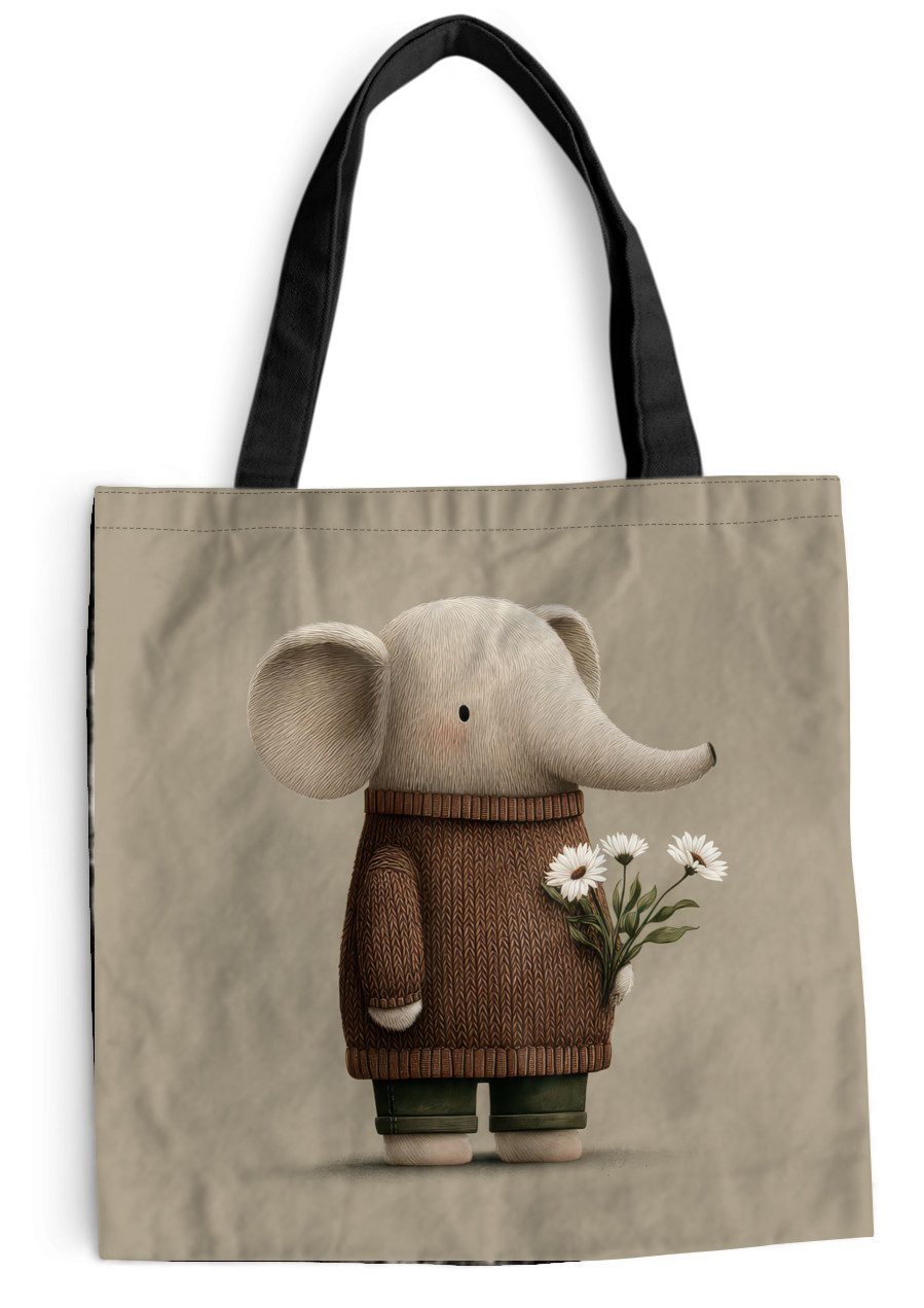MuchoWow Shopper Elefant - Weiße Blumen - Kinderfreundlich, Handtasche, Damen und Herren, Schultertasche, Umhängetasche, Tote Bag