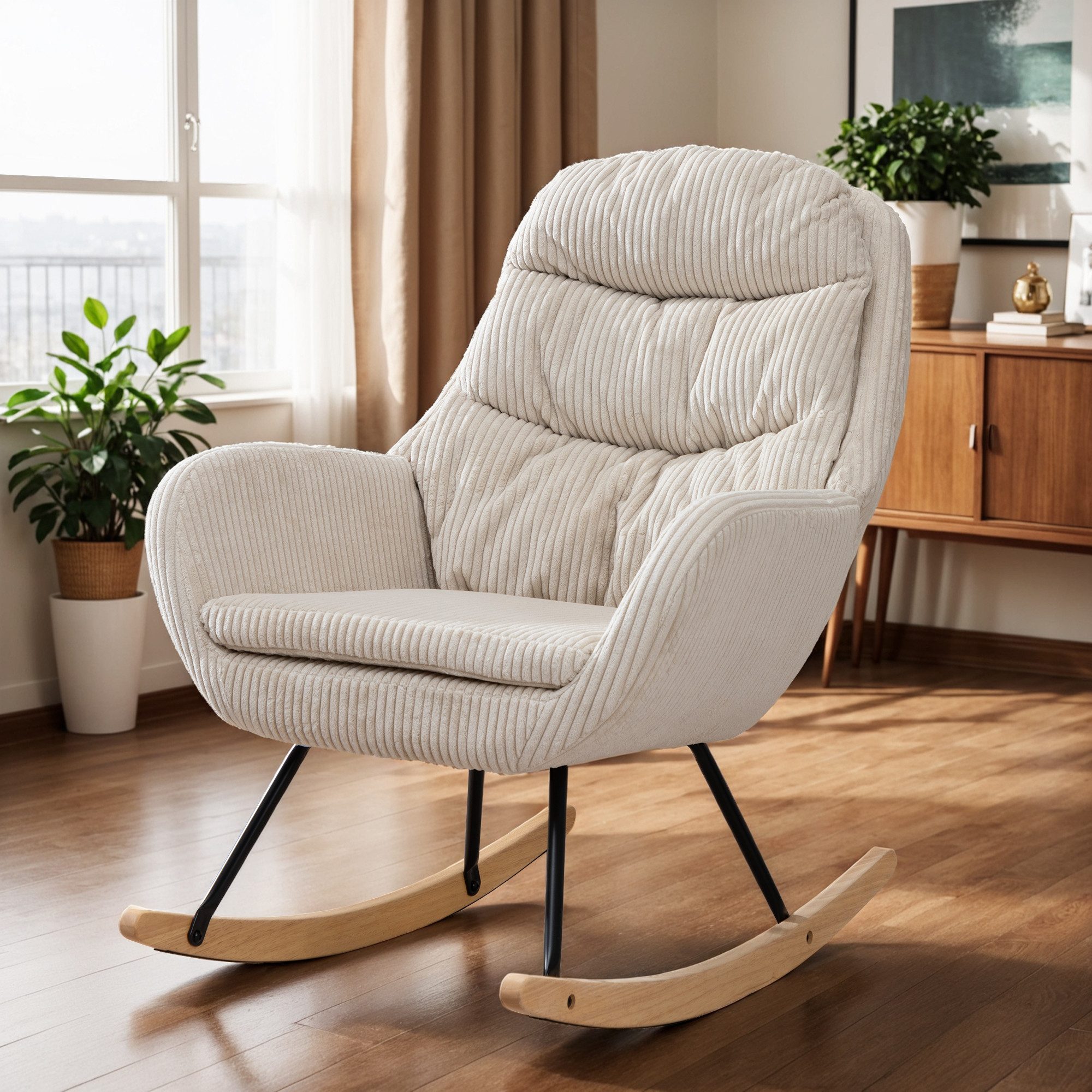 OKWISH Schaukelstuhl geräuschlose Schwingbewegung, hoher Rückenlehne (Wohnzimmersessel, Relaxsessel, Swingsessel, 1 St), Ergonomischer, stabilem Holz-Metall-Gestell