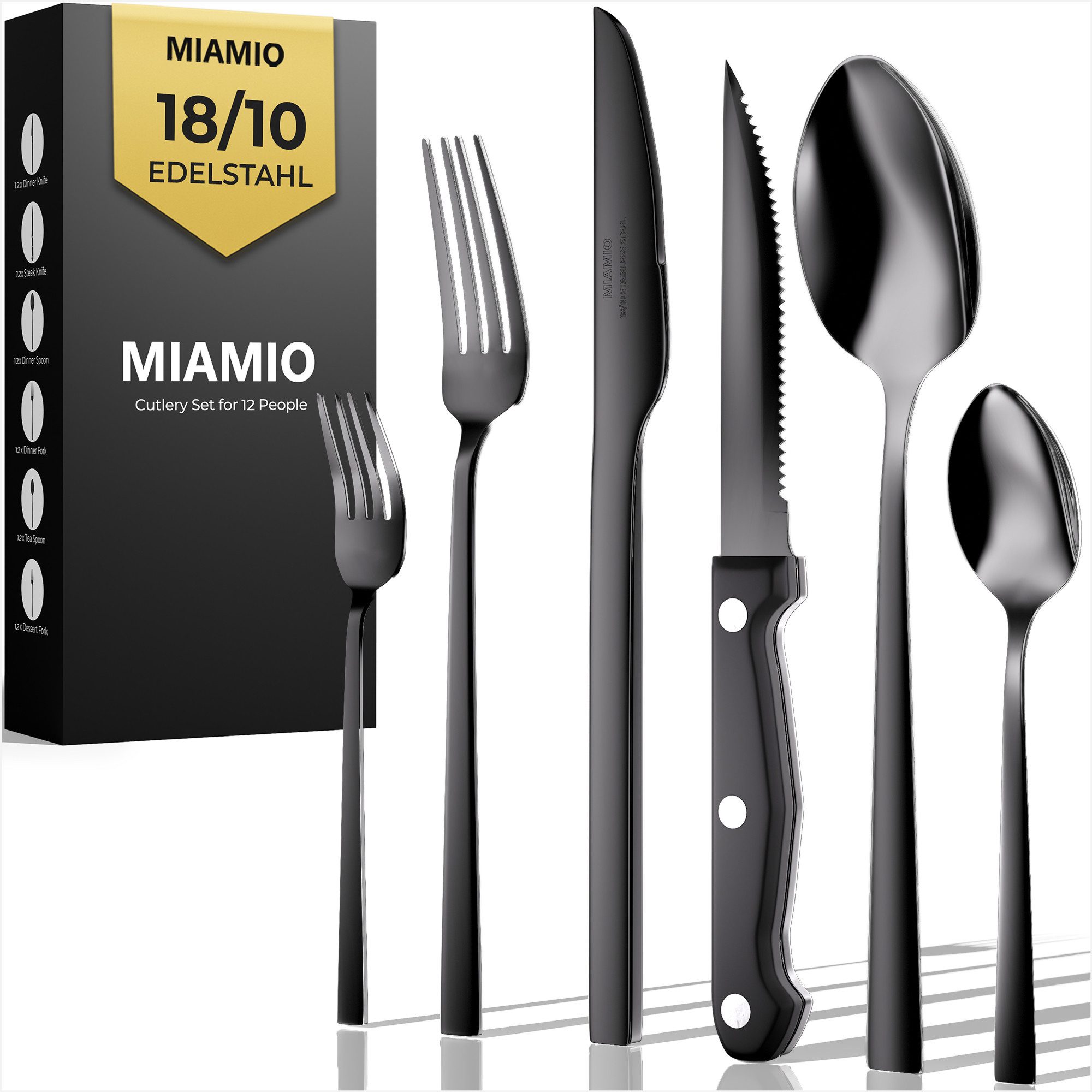 MiaMio Besteck-Set Besteckset 72 Teile 18/10 Schwarz Matt (72-tlg), 12 Personen