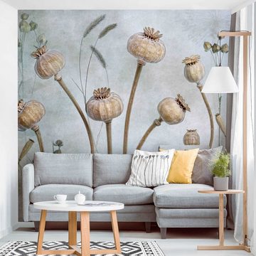 Bilderdepot24 Vliestapete Vintage Getrockneter Mohn Rustikal Landhausstil Blumen Wanddeko, Glatt, Matt, (Inklusive Gratis-Kleister oder selbstklebend), Wohnzimmer Schlafzimmer Küche Flur Fototapete Motivtapete Wandtapete