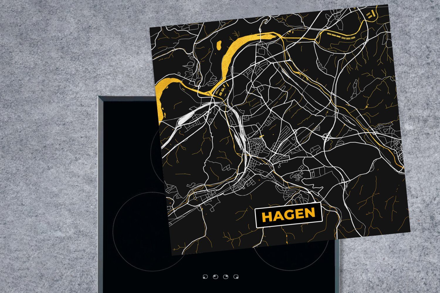 MuchoWow Herdblende-/Abdeckplatte Hagen - tlg), - (1 Ceranfeldabdeckung, Deutschland Stadtplan 78x78 Karte, küche - Arbeitsplatte - cm, Gold Vinyl, für