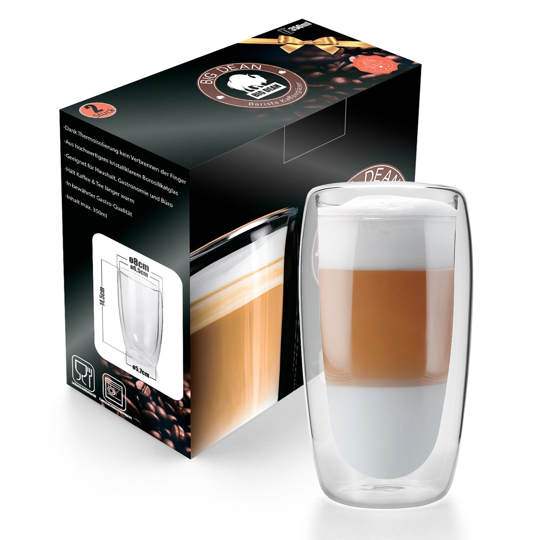 BigDean Latte-Macchiato-Glas 6 Stück hohe doppelwandige Latte Macchiato Gläser 350 ml, 6-tlg., Glas, Borosilikat Glas, Spülmaschinen Fest, Lebensmittelecht.