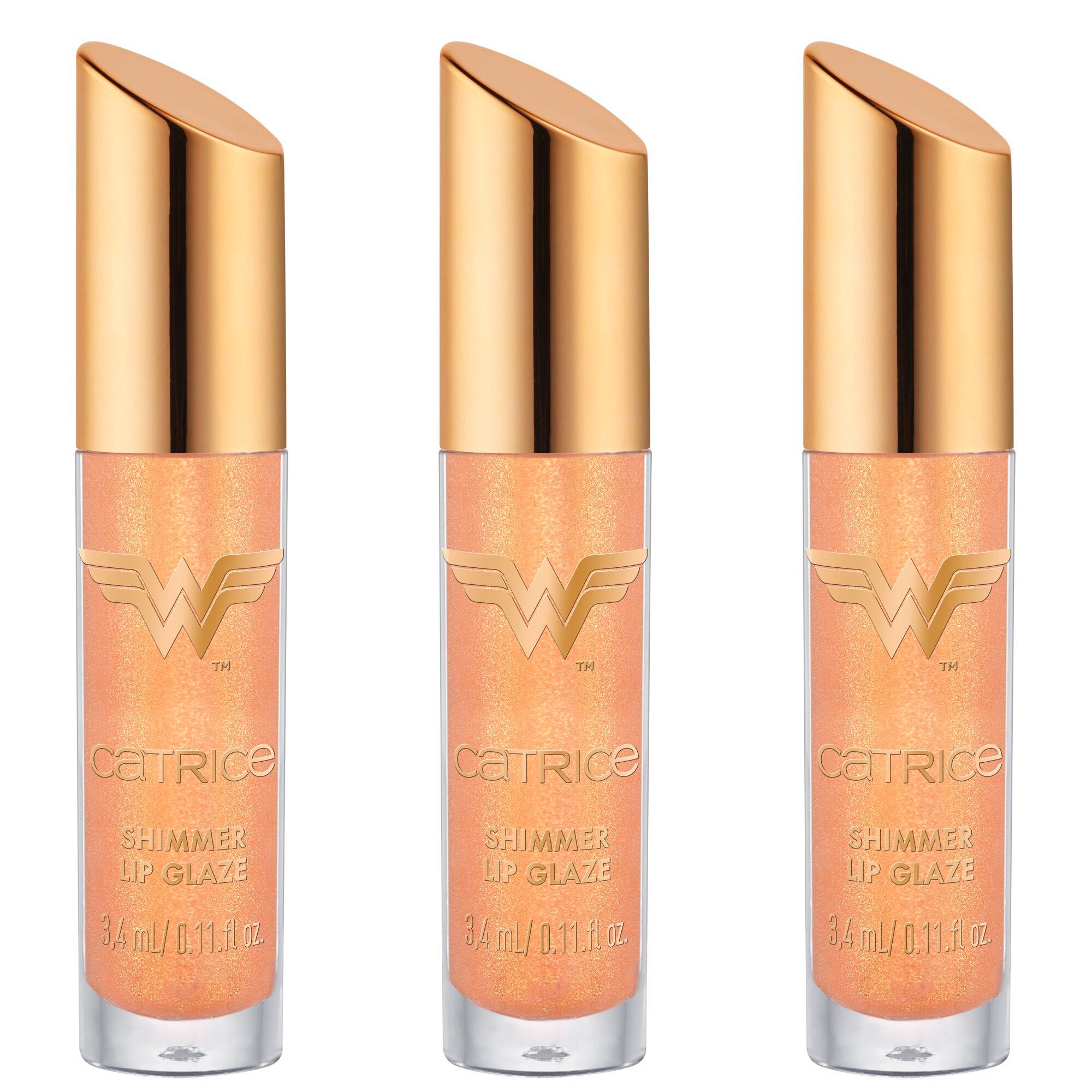 Catrice Lipgloss Wonder Woman Shimmer Lip Glaze, 3-tlg., Hochglanz-Mix aus Lippenöl und Gloss, pflegt und spendet Feuchtigkeit.