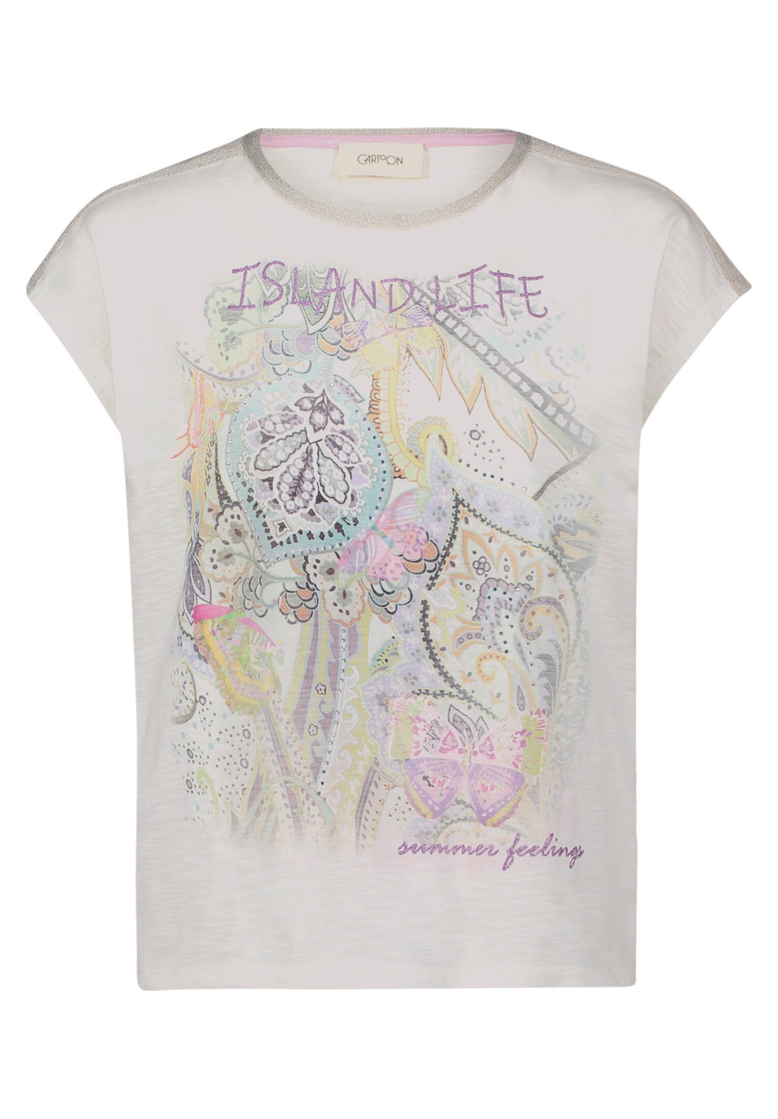 Cartoon Kurzarmshirt Damen mit Placement (1-tlg) Aufgesteppte Bänder