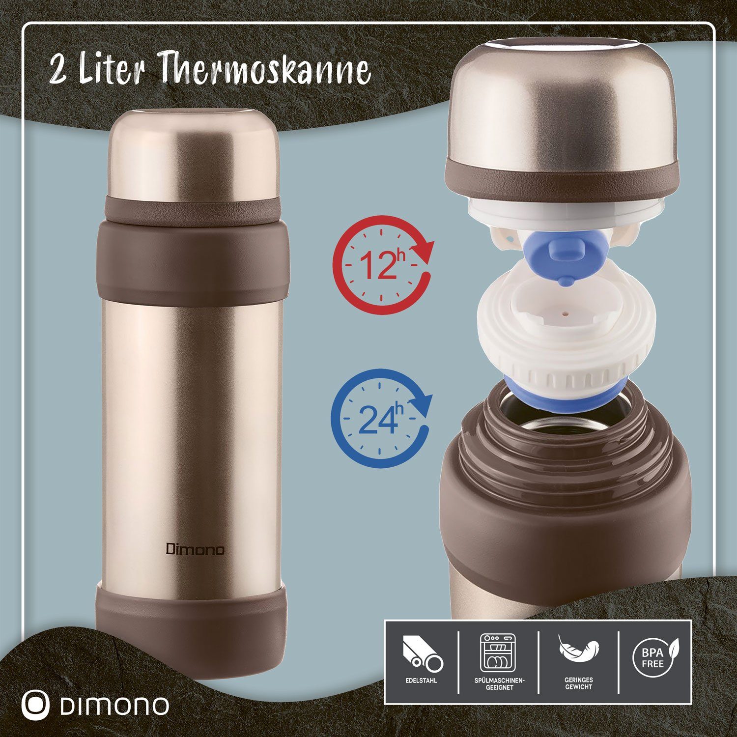 Dimono Thermoflasche Vakuum Isolierkanne XXL, Isolierflasche Liter Bronze-Metallic 2 Thermoskanne