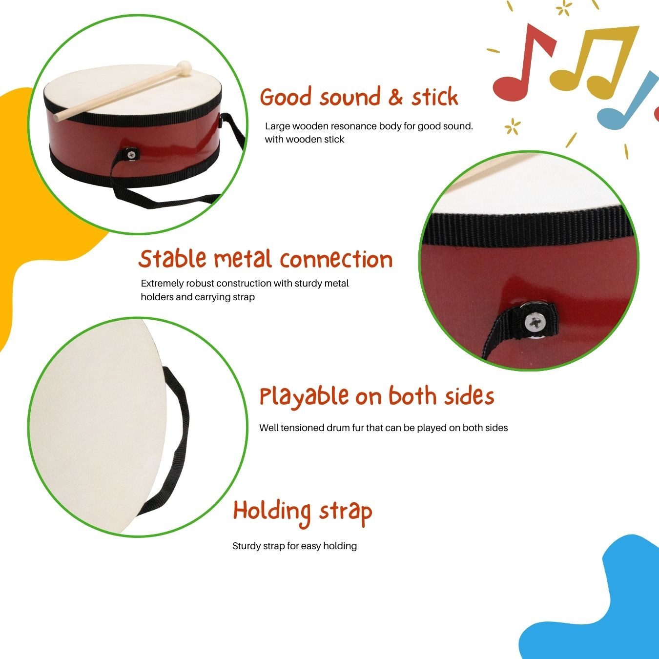 GICO Spielzeug-Musikinstrument Kindertrommel aus Holz – 20 cm mit Griff & Trommelstock - 3847