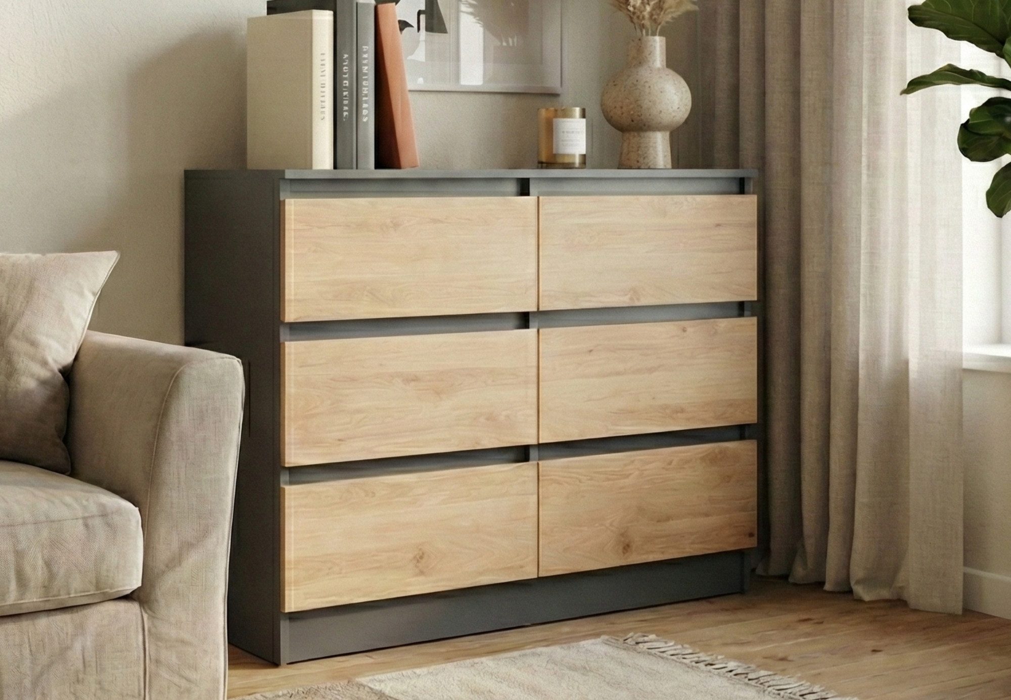 Home Collective Kommode mit 6 Schubladen 95, 120, 140, 160 cm breit Holz Schrank (Highboard Anrichte Schlafzimmer Wohnzimmer Flur Büro Organizer), Kommode 95 cm breit Kommode Sideboard, Anthrazit - Artisan Eiche