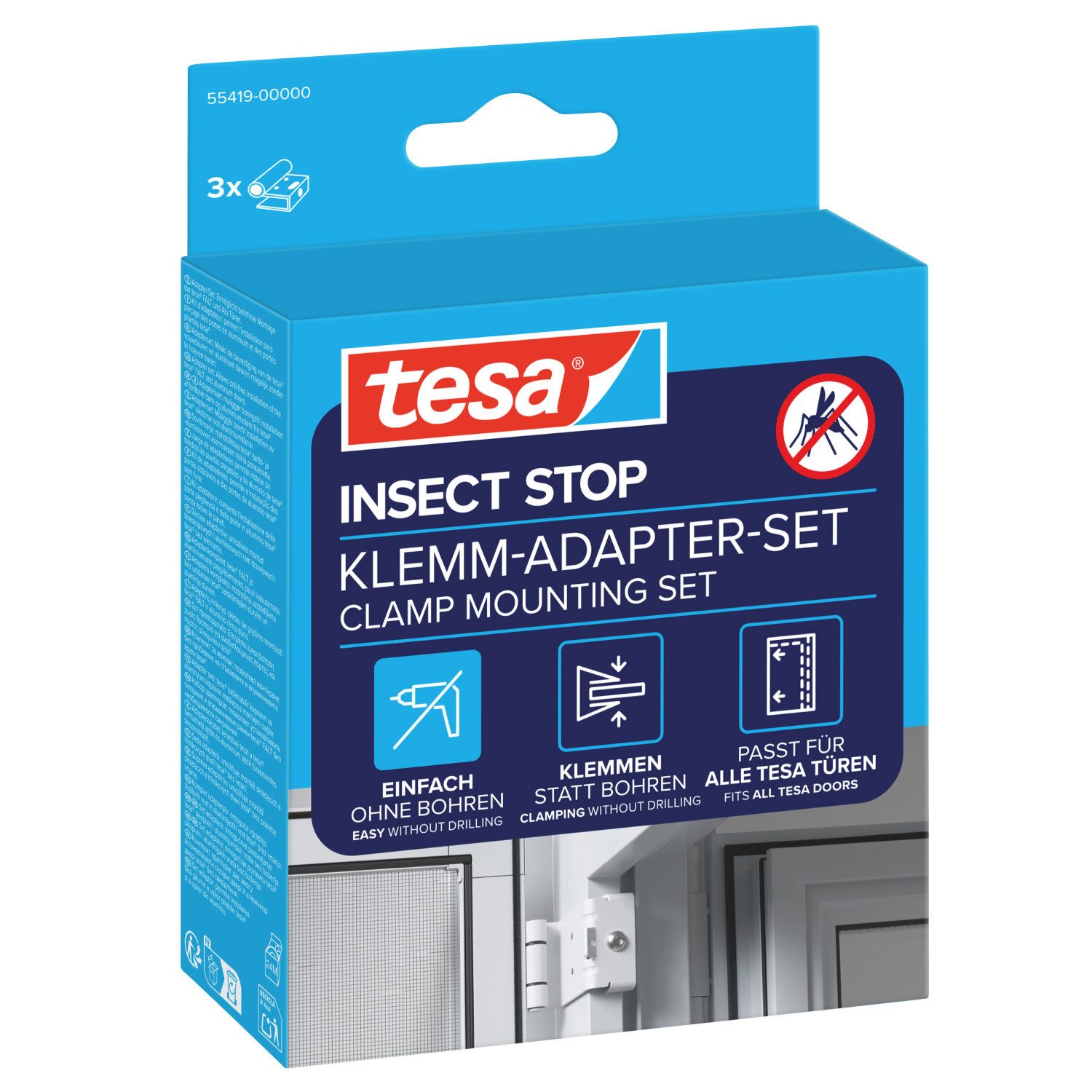 tesa Insektenschutz-Fensterrahmen Klemm-Adapter-Set - Tür-Klemme, Montage KIT, (Komplett-Set, 3-St., INSECT STOP ohne Bohren oder Schrauben - Weiß), für die Montage von tesa Aluminium Insektenschutz-Türrahmen