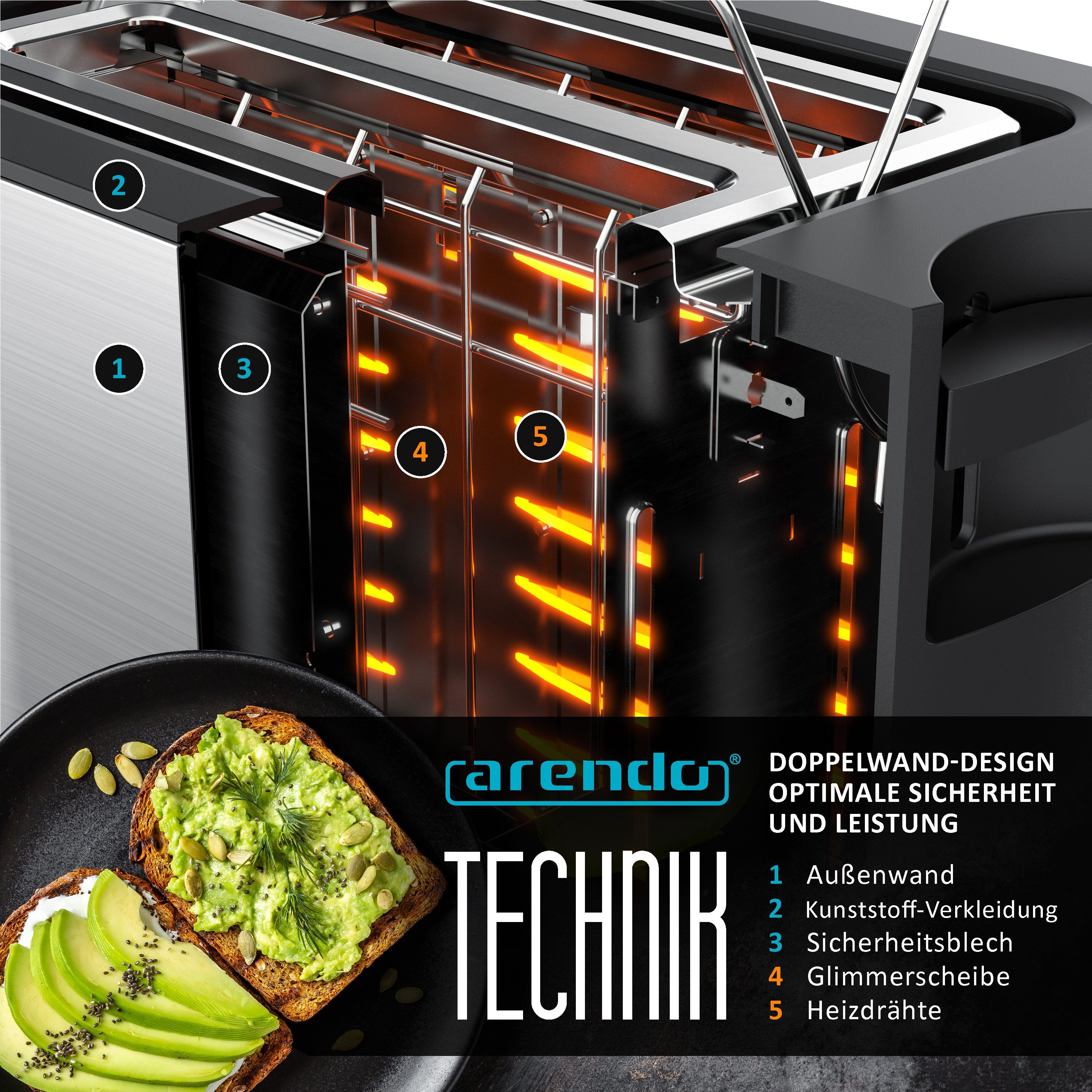 Brötchenaufsatz, Wärmeisoliertes W, Scheiben, Kurzschlitz, Schlitze, Display, Touch Arendo 800 für kurze 2 2 Toaster, Gehäuse,