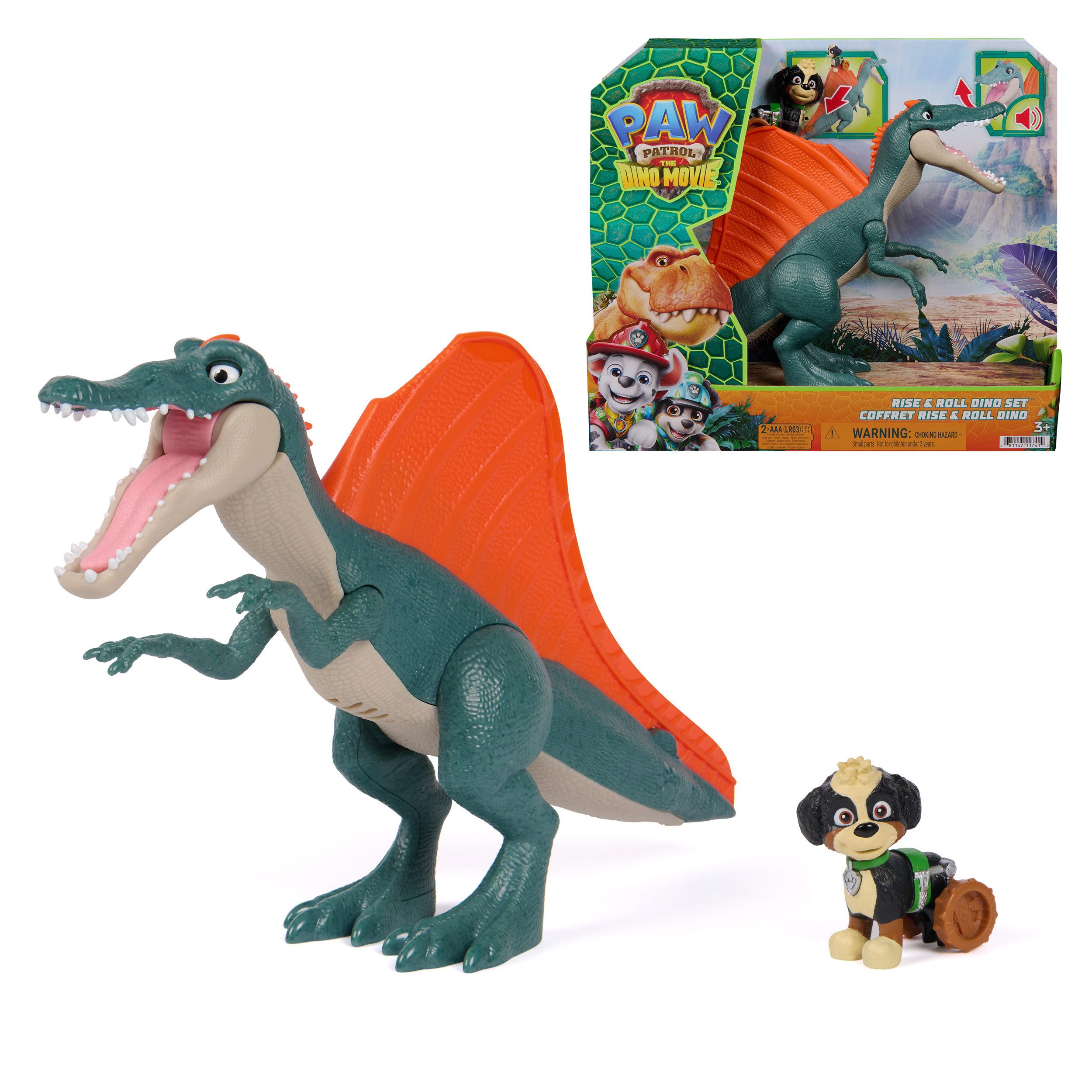 Spin Master Spielwelt PAW Patrol: Der Dino Film, Rise & Roll Dino, Rex-Figur mit Spinosaurus
