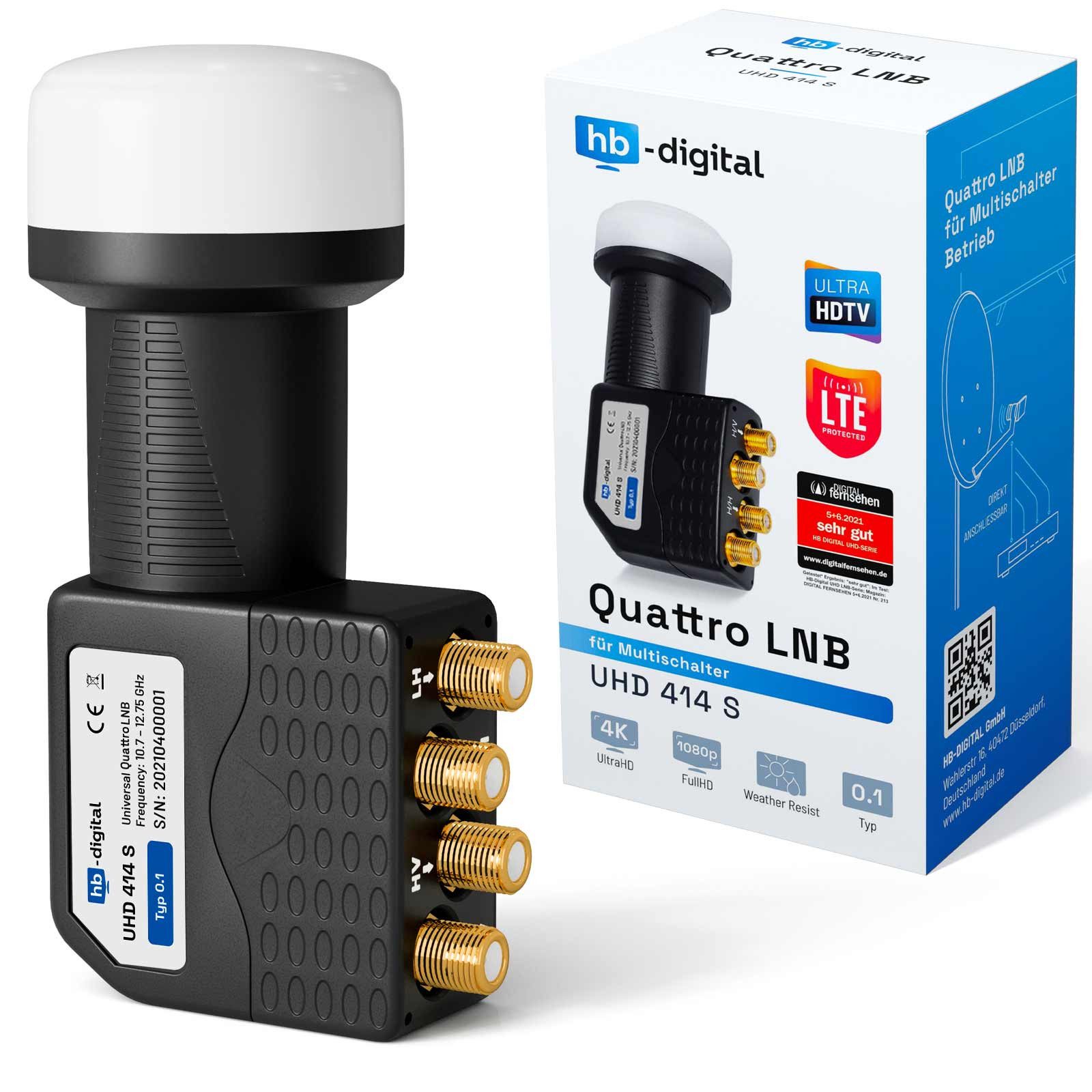HB-DIGITAL Lnb Quattro UHD 414S für Multischalter wasserdicht Universal-Single-LNB (für 4 Teilnehmer, Die vergoldeten F-Anschlüsse für noch bessere Signalübertragung)