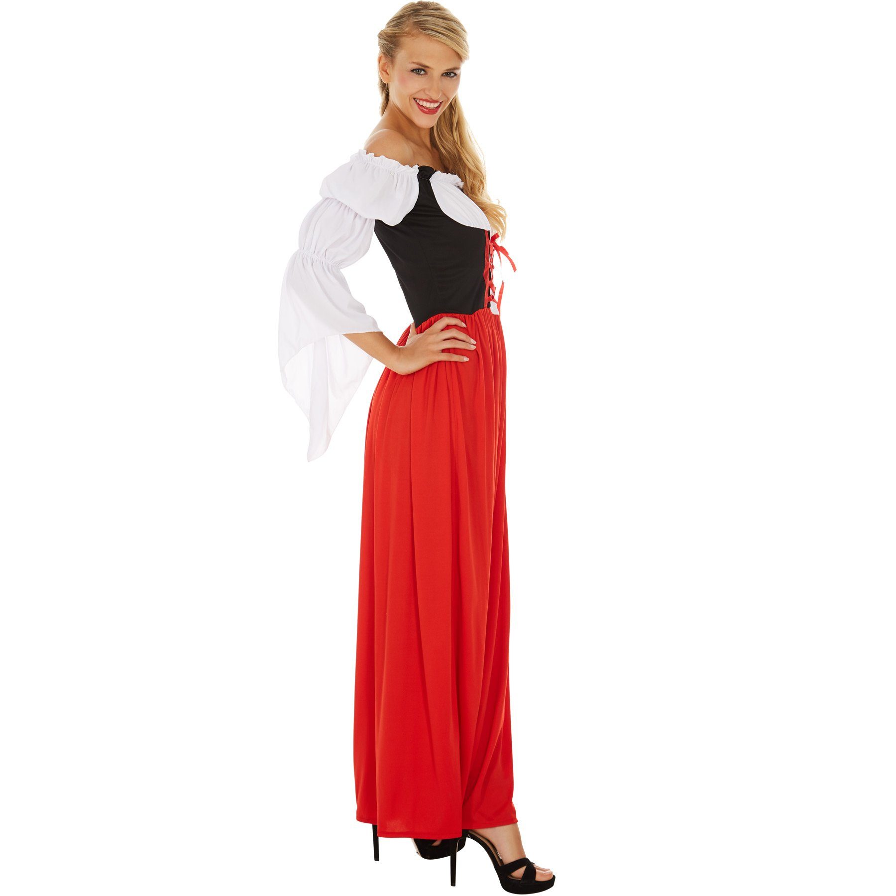 dressforfun Kostüm Dirndlkleid, auch Frauentracht, in schwarz/rot, Konfektionsgröße L, Tailliert gearbeitetes Dirndl mit langem Rock, Breite Ärmelenden