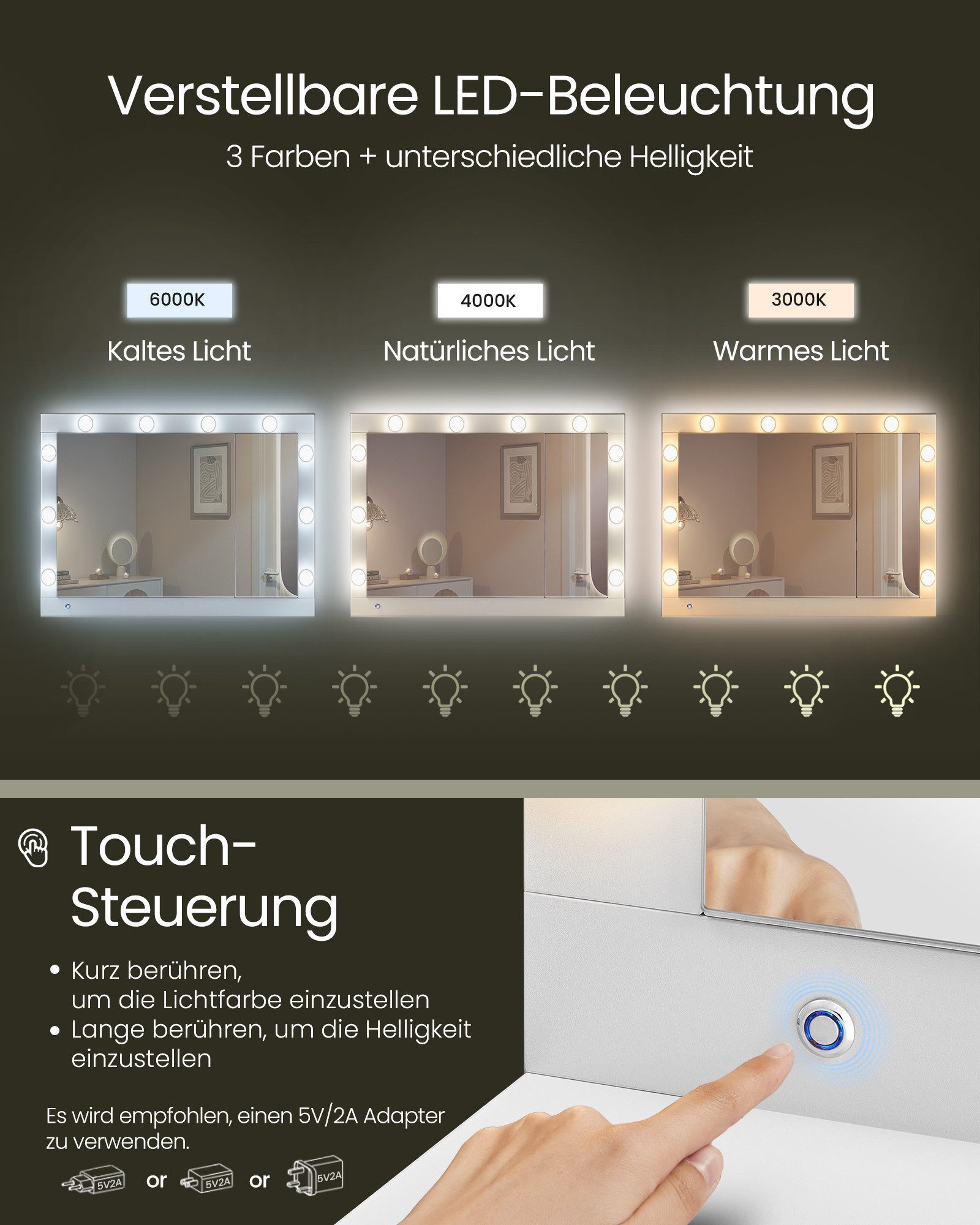 VASAGLE Schminktisch Frisiertisch mit Spiegel, Kosmetiktisch mit Schubladen (1 Tisch), mit Schmuckschrank, Steckdosenleiste, 40 x 125 x 140 cm – Bild 5 von 5