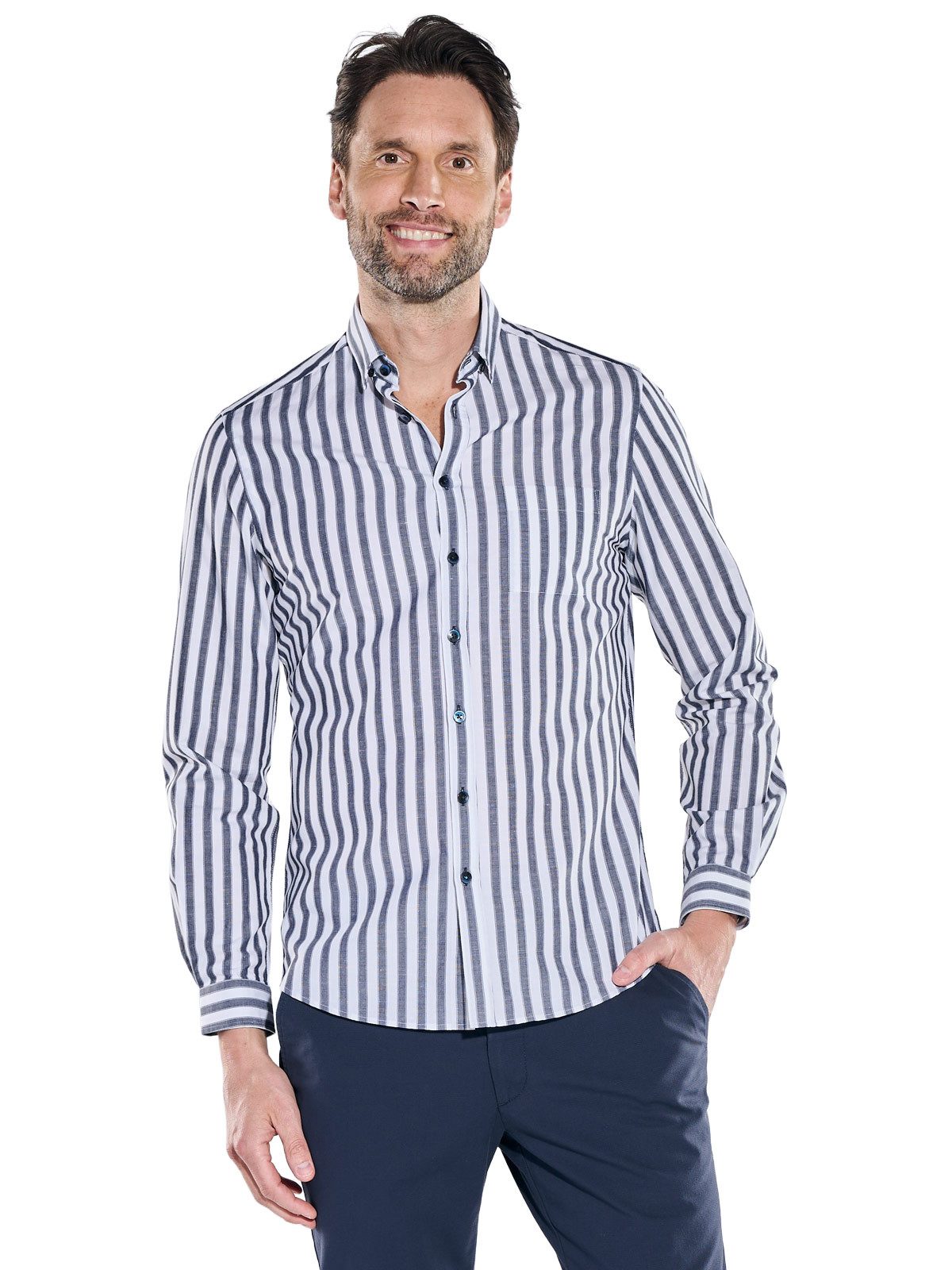 Langarmhemd Herren Gestreiftes Langarmhemd, Marineblau