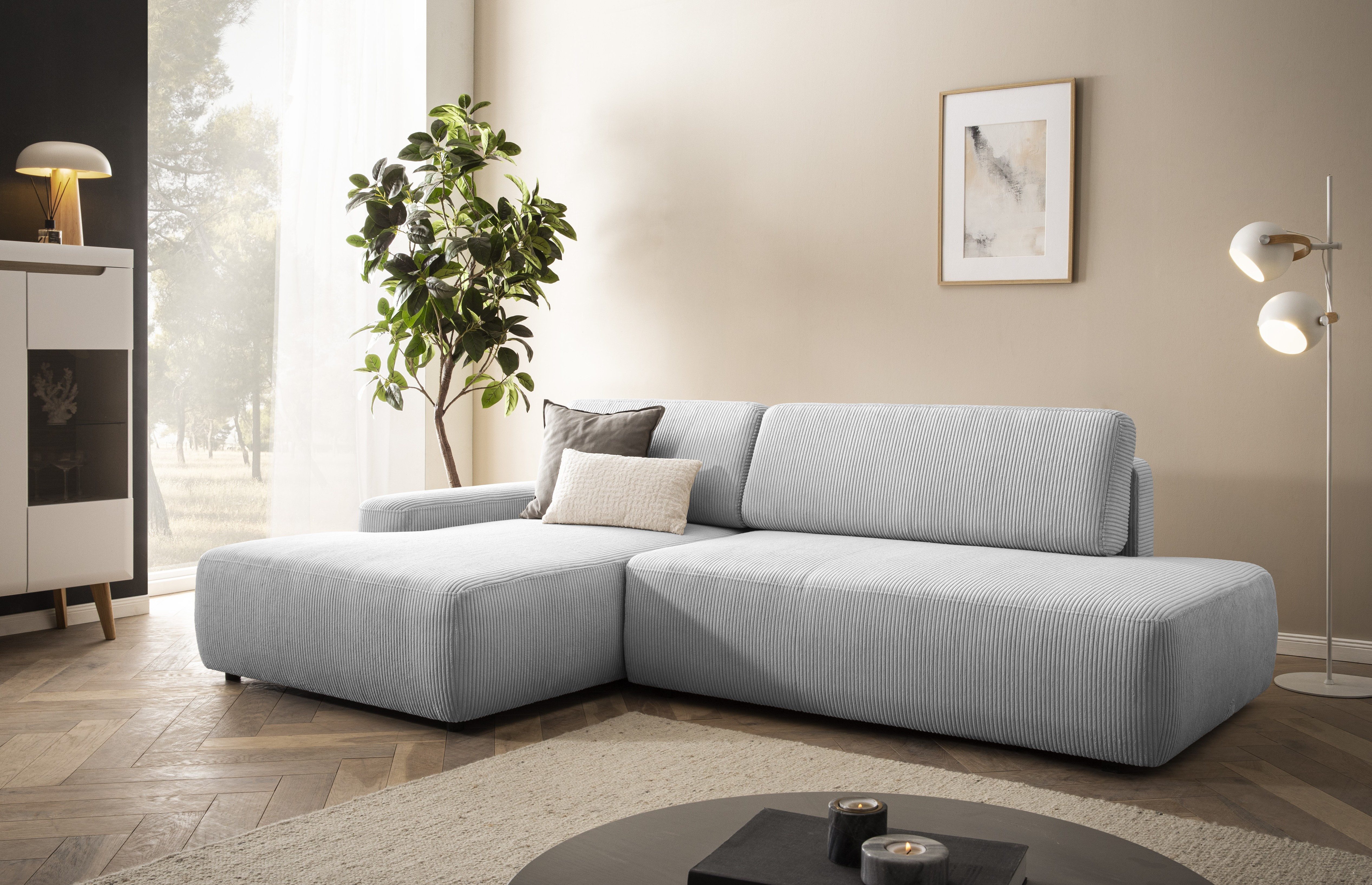 INOSIGN Ecksofa TORGE, Schlafsofa Cord, Samtvelours u. Strukur fein, Couch in L-Form, Schlaffunktion und Bettkasten, Liegefläche: 210x125 cm, neues Design