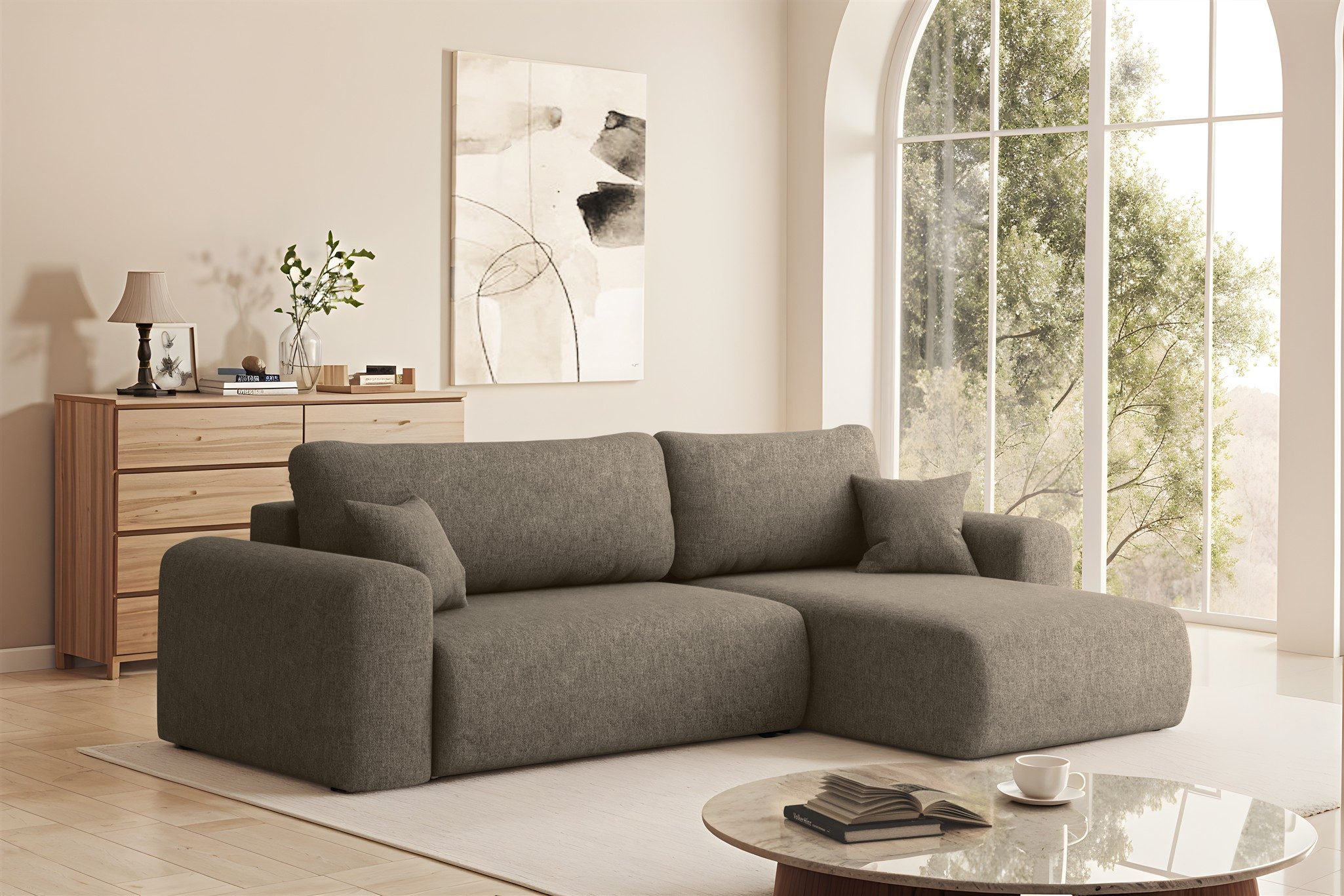 Fun Möbel Ecksofa Ecksofa Schlafsofa FUN TIERNO in Stoff, mit Bettkasten und 2 x Zierkissen, Ottomane Links oder Rechts