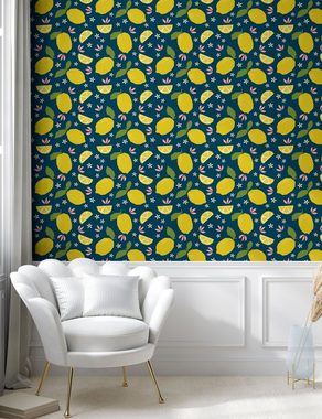 Abakuhaus Vinyltapete selbstklebendes Wohnzimmer Küchenakzent, Obst Pop Zitrone und Blumen