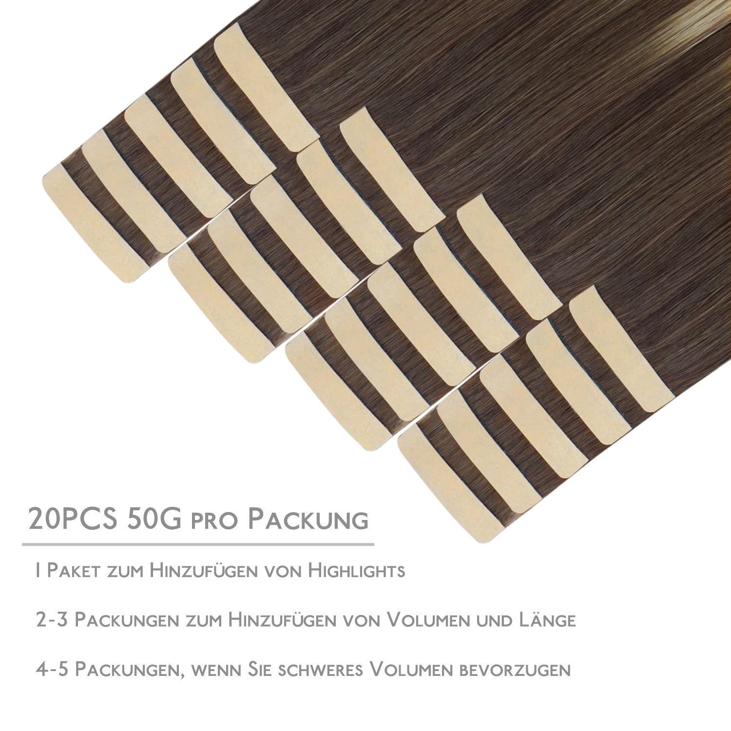 Tape-in-Haarverlängerung,20Stück,Ombre schokoladenblondes Haar Wennalife Echthaar-Extension