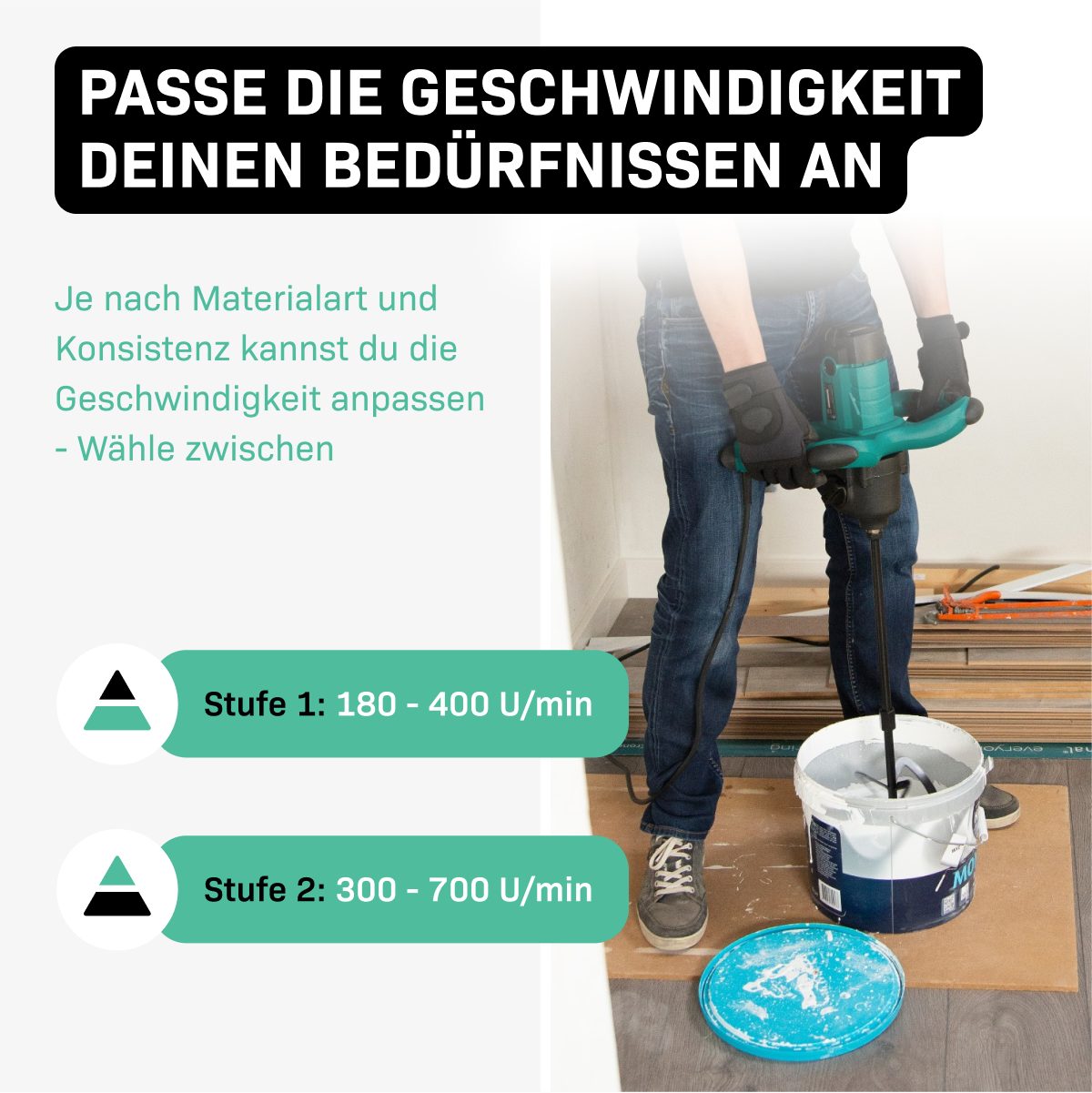 VONROC Betonmischer Mörtelrührer inkl. Rührwerk, (Set, Zementmischer Vonroc), Quirl mit Sanftanlauf - 2 Geschwindigkeitsmodi