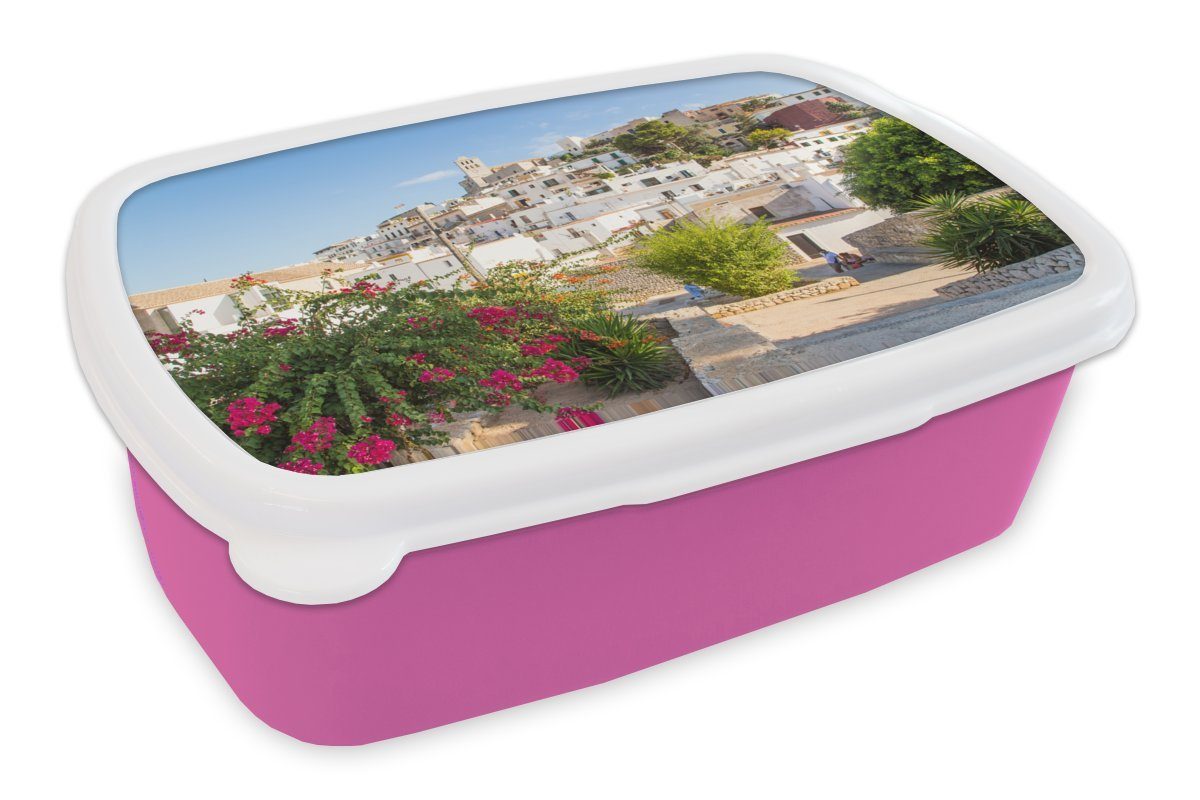 MuchoWow Lunchbox Ibiza-Stadt bei Tag, Kunststoff, (2-tlg), Brotbox für Erwachsene, Brotdose Kinder, Snackbox, Mädchen, Kunststoff rosa
