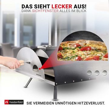 Heidenfeld Pizzaofen Edelstahl Pizza Ofen Neapel inkl. Pizzastein - bis 500°C, Pellets - Sichtfenster - Backofen - Holzofen - Thermometer